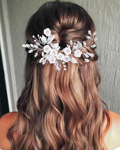 Miniatura 5 de Catery Flower Bride Wedding Hair Vine - Tocado de cristal plateado con hojas de novia, accesorios para el cabello para mujeres y niñas