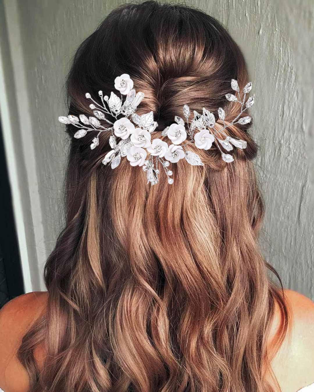 Pieza de pelo de flores de vid plateada, accesorios florales para novias y mujeres (A-Sliver) 5