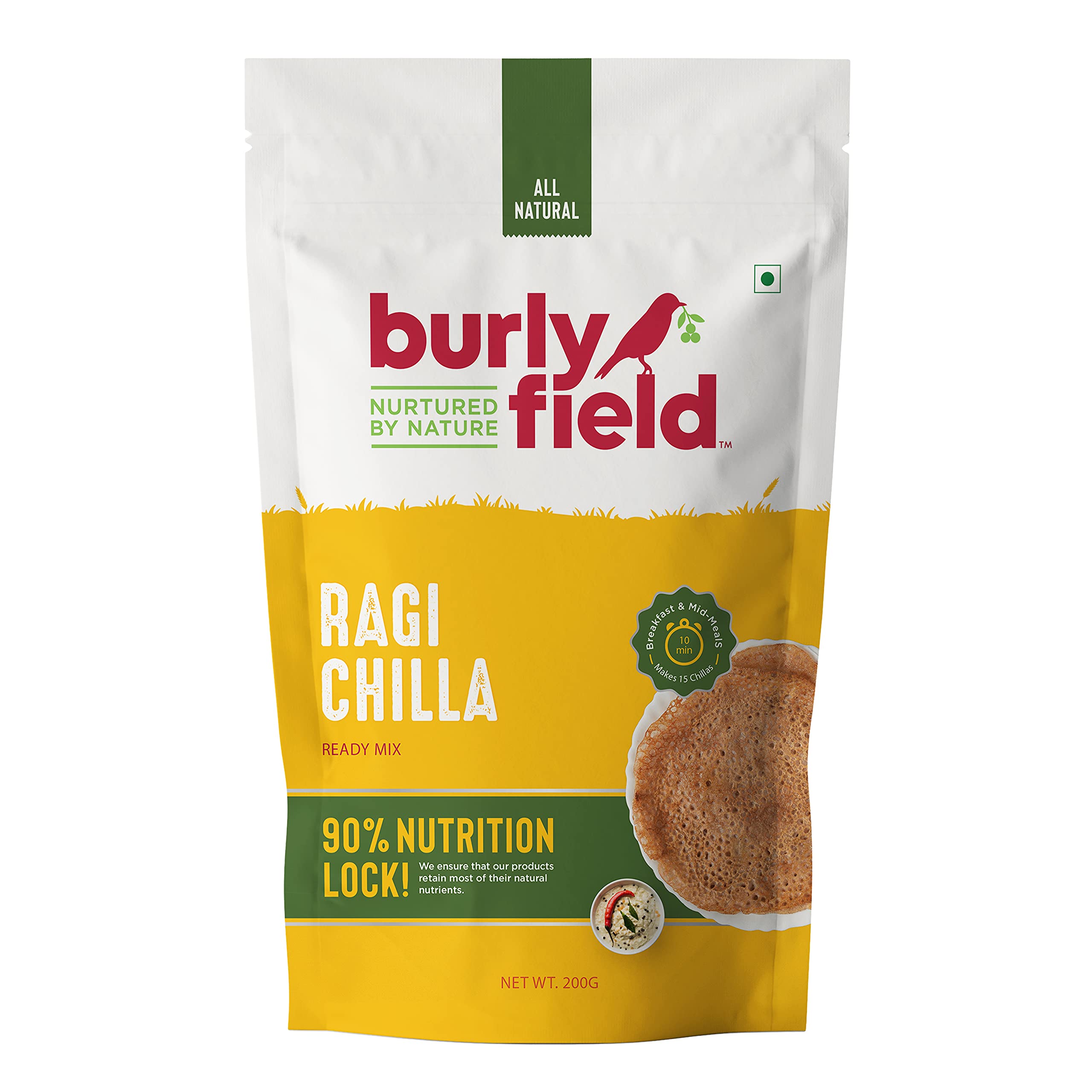 BURLY FIELD Ragi Chilla Mix | Instant Breakfast Chila | Dosa Batter Premix | Ready to cook, protein rich, Gluten-Free, No Additives or Preservatives, Vegan & Natural| Summer-Friendly Millet Breakfast | Cooling & Nutritious | Healthy Millet Dosa Premix | Healthy Indian Breakfast for All Ages 200g x 2 Packs