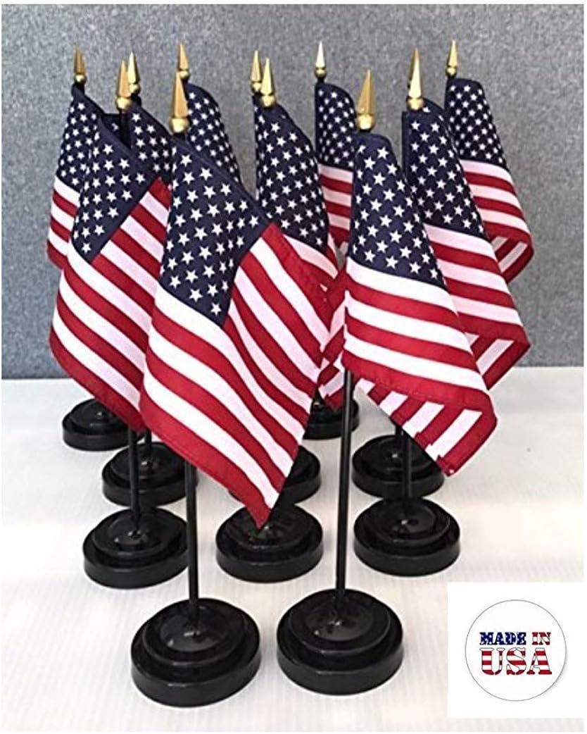 Made in USA 12 US 4"x6" Miniature Desk & Table Flags Includes 12 Flag Stands & 12 American Small Mini Flags