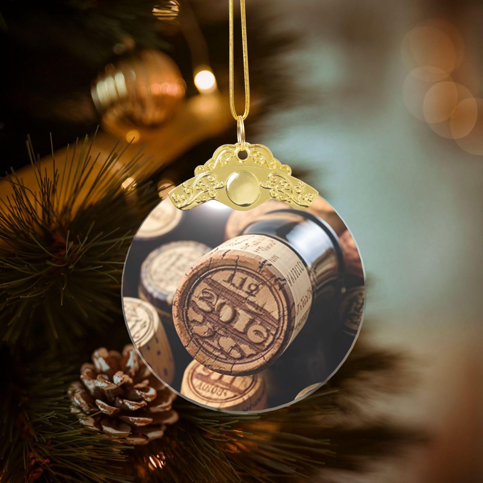 Crystal Christmas Ornaments for Christmas Tree Decoration Hanging Wine Bottle Stopper with Vintage Ornament with Gold Ribbon Crafts Round Pendant for Keepsake Gifts Glass Xmas Decor Party Supplies