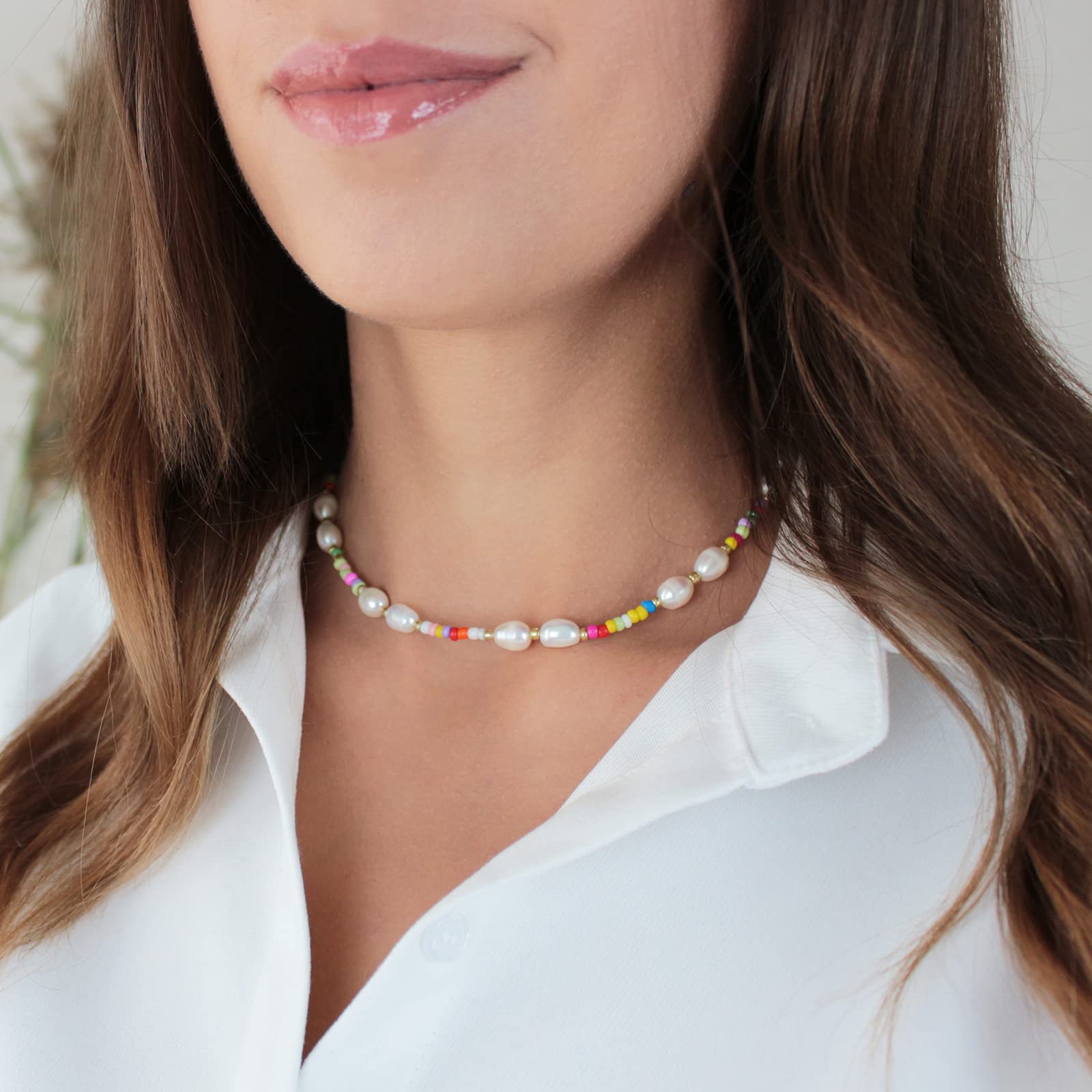 Wellike Freshwater Pearl Beaded Necklace for Women Handmade Boho Colorful Glass Beads Choker Necklace Stainless Steel 18K Gold Plated Bohemian Women Summer Jewelry Gifts