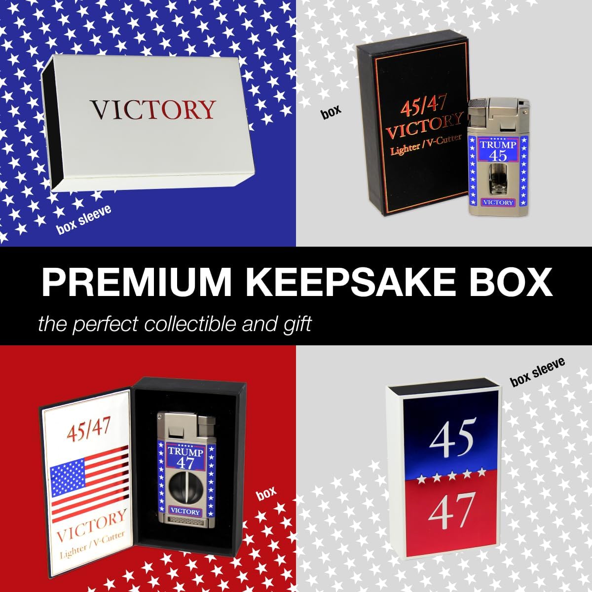 Trump 45/47 Victory Torch Lighter with V-Cutter & Punch – Dual Jet Butane Refillable Cigar Lighter, Windproof, Patriotic Collector's Edition with Display Box, Gift for Supporters