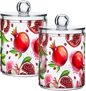 DOMIKING Seeds Pomegranate White 2 Pack Cotton Swab Holder Dispenser Plastic Jar Bathroom Storage Canister Acrylic Containers for Cotton Ball Floss Picks Hair Clips