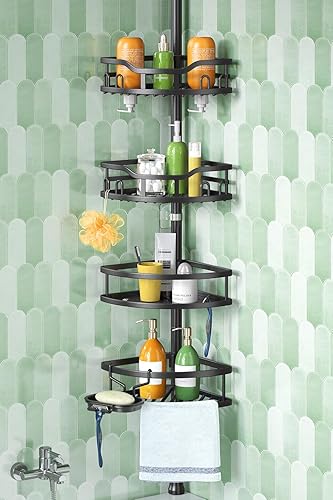 Miniatura 9 de HAMITOR Estantería de ducha de esquina con poste de tensión: Organizador de baño de 4 niveles resistente al óxido para almacenamiento de champú en