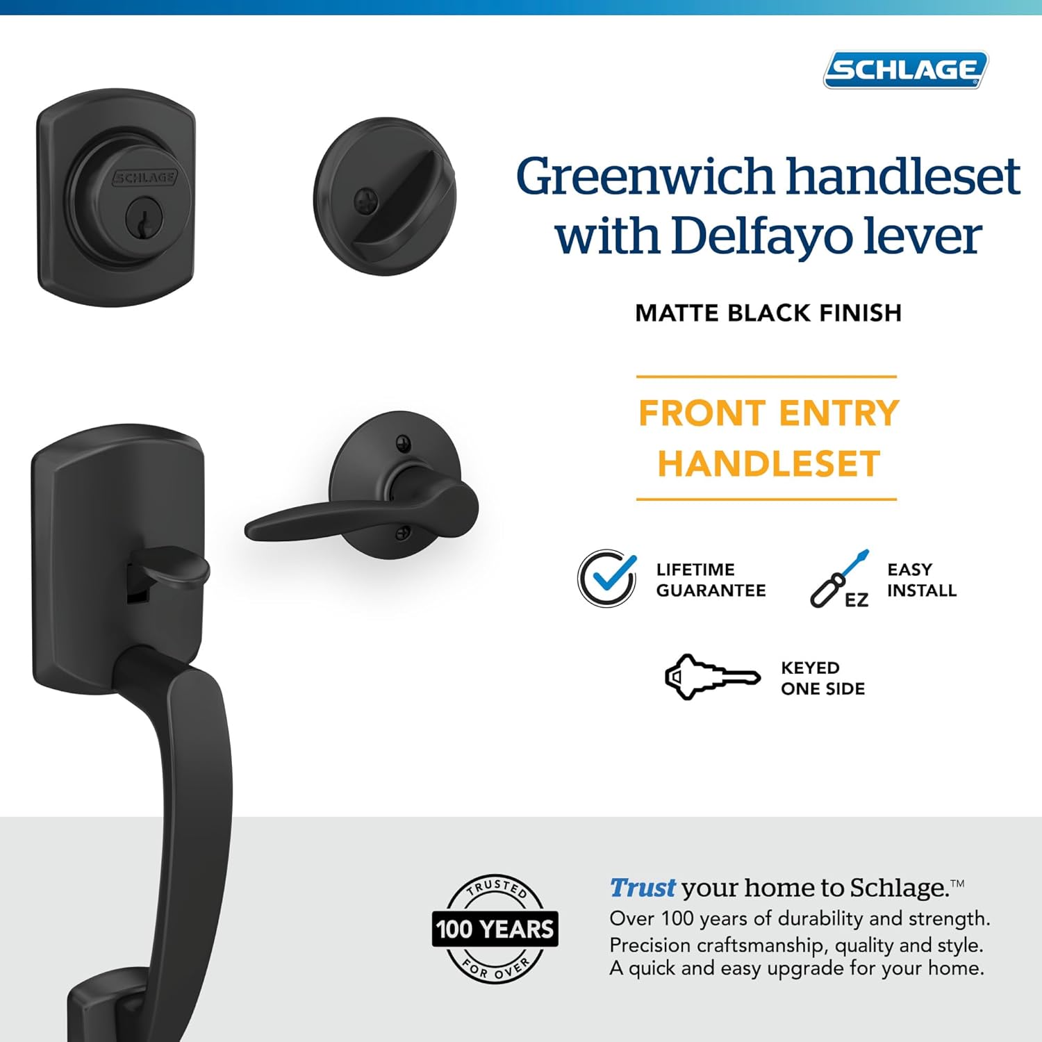 Matte Black Single Cylinder Deadbolt Entry Door Handleset