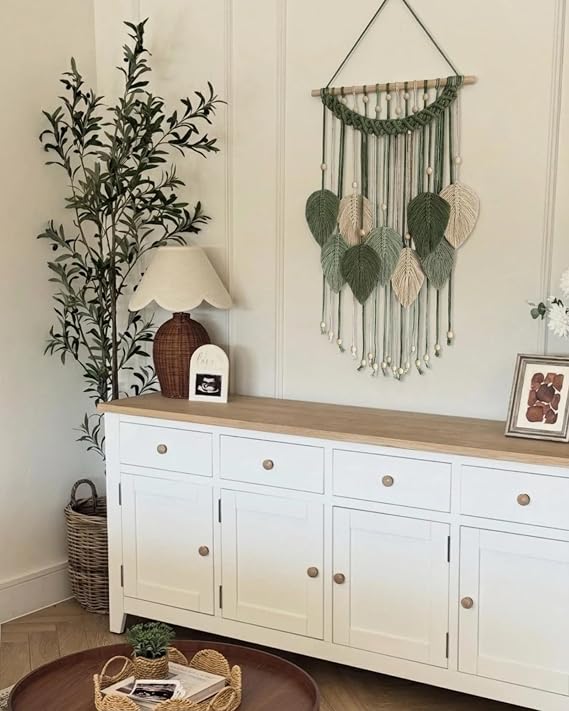 SunsprieJoy Macrame Wall Hanging, Boho Wall Decor Handmade Yarn Woven Leaf Tapestry, Modern Wall Art for Bedroom Nursery Kitchen Dining Room Bathroom, Home Decoration Gift for Women – Green