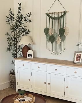 SunsprieJoy Macrame Wall Hanging, Boho Wall Decor Handmade Yarn Woven Leaf Tapestry, Modern Wall Art for Bedroom Nursery Kitchen Dining Room Bathroom, Home Decoration Gift for Women – Green