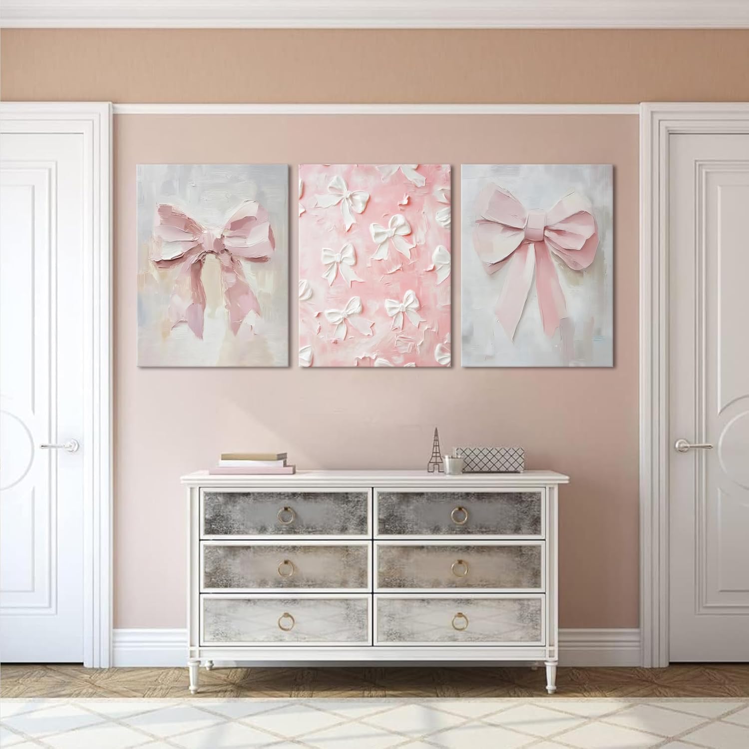 Pink Bow Canvas Wall Art Set of 3 Coquette Oil Painting Cute Bow Posters Wall Decor Trendy Preppy Print Picture for Back to School Bedroom Bathroom College Dorm 12x16 In Framed