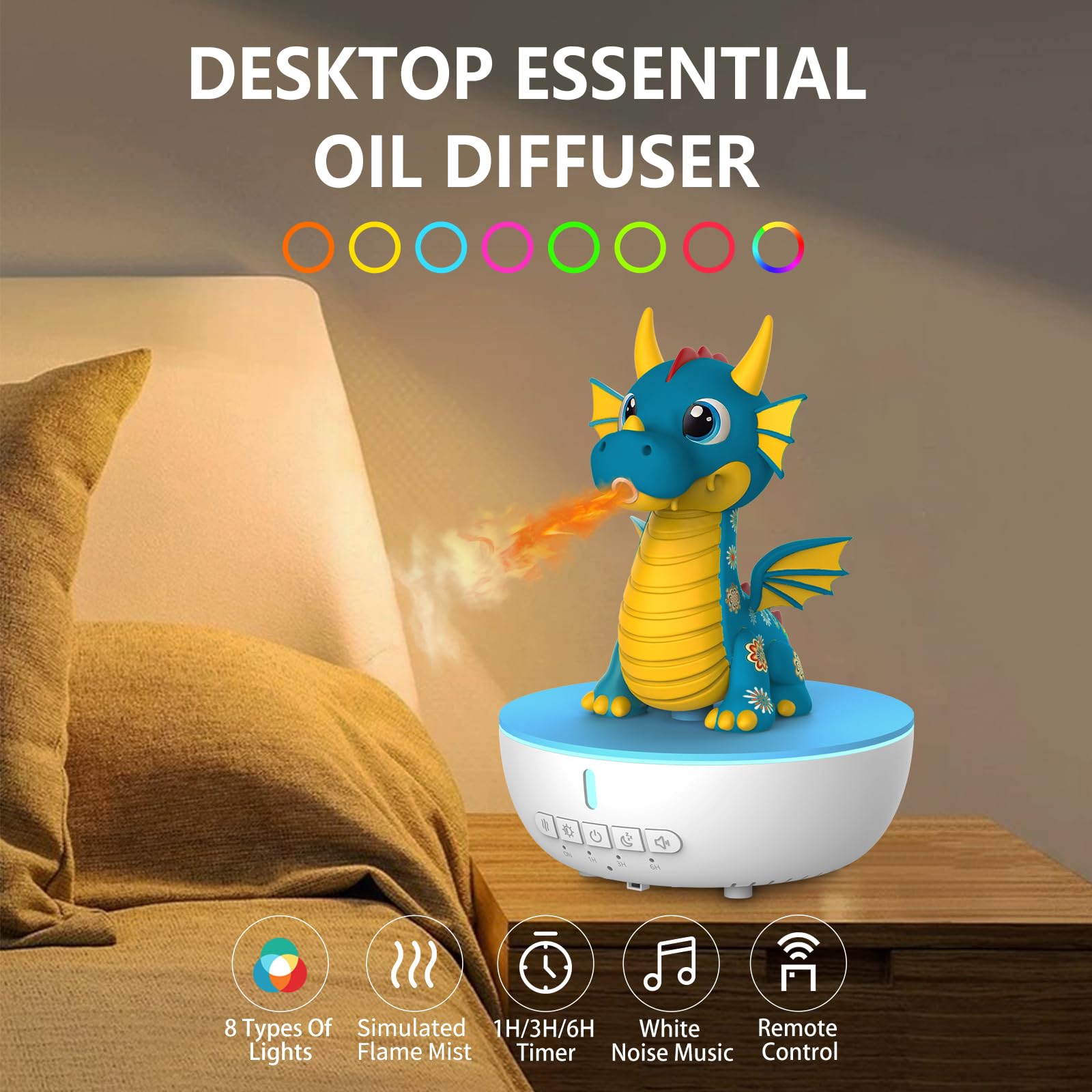Diffusore Aromi con Suono Bianco, Umidificatore 200 ml con Telecomando e Timer 1/3/6h, Diffusore di Oli Essenziali per Camera da Letto,Drago Sputafuoco - Umidificatore Ambiente Bambini (Blu)