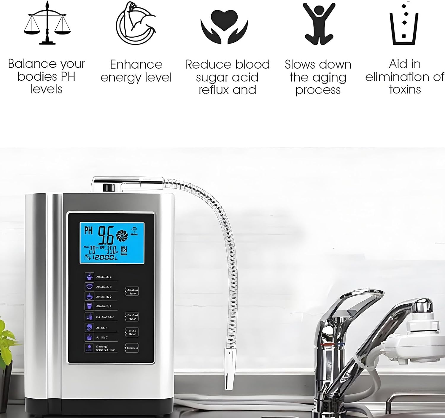 Alkaline Water Ionizer Machine, Up to -500mV ORP, Acidic Alkaline Water PH3.5-10.5, 8000 Liters Per Filter,Intelligent Voice, LCD Touch Water Filter Silver