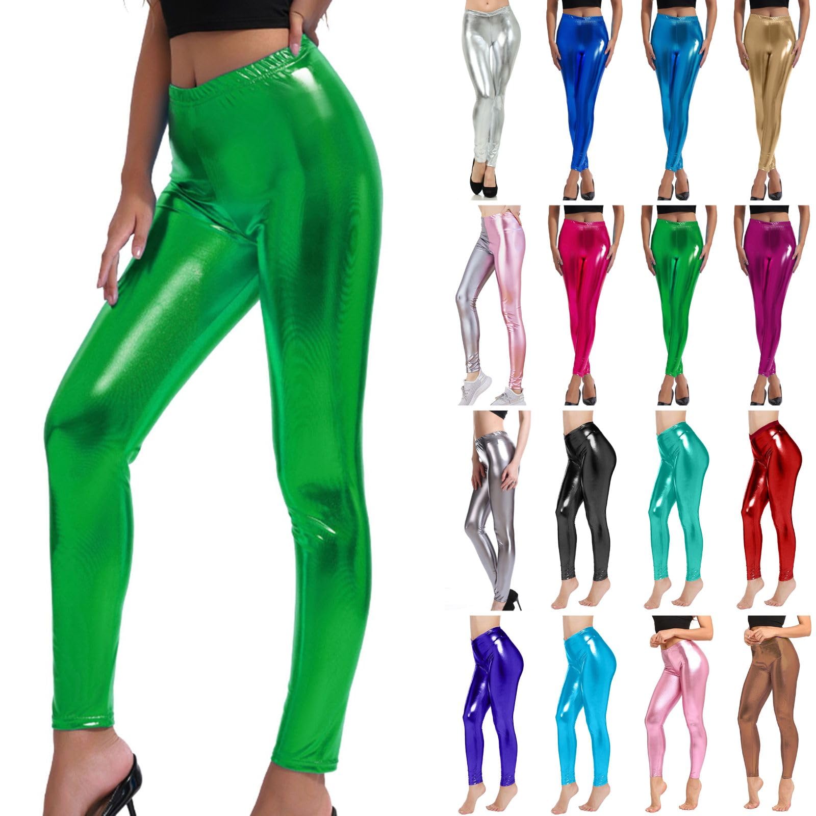 Women's Leggings Silver Metallic Shiny Trousers 80s with High Waist Shiny Leggings Party Skirt Dance Disco Costume Carnival Space Metallic Glitter Trousers Golden Leggings, F green, XXL