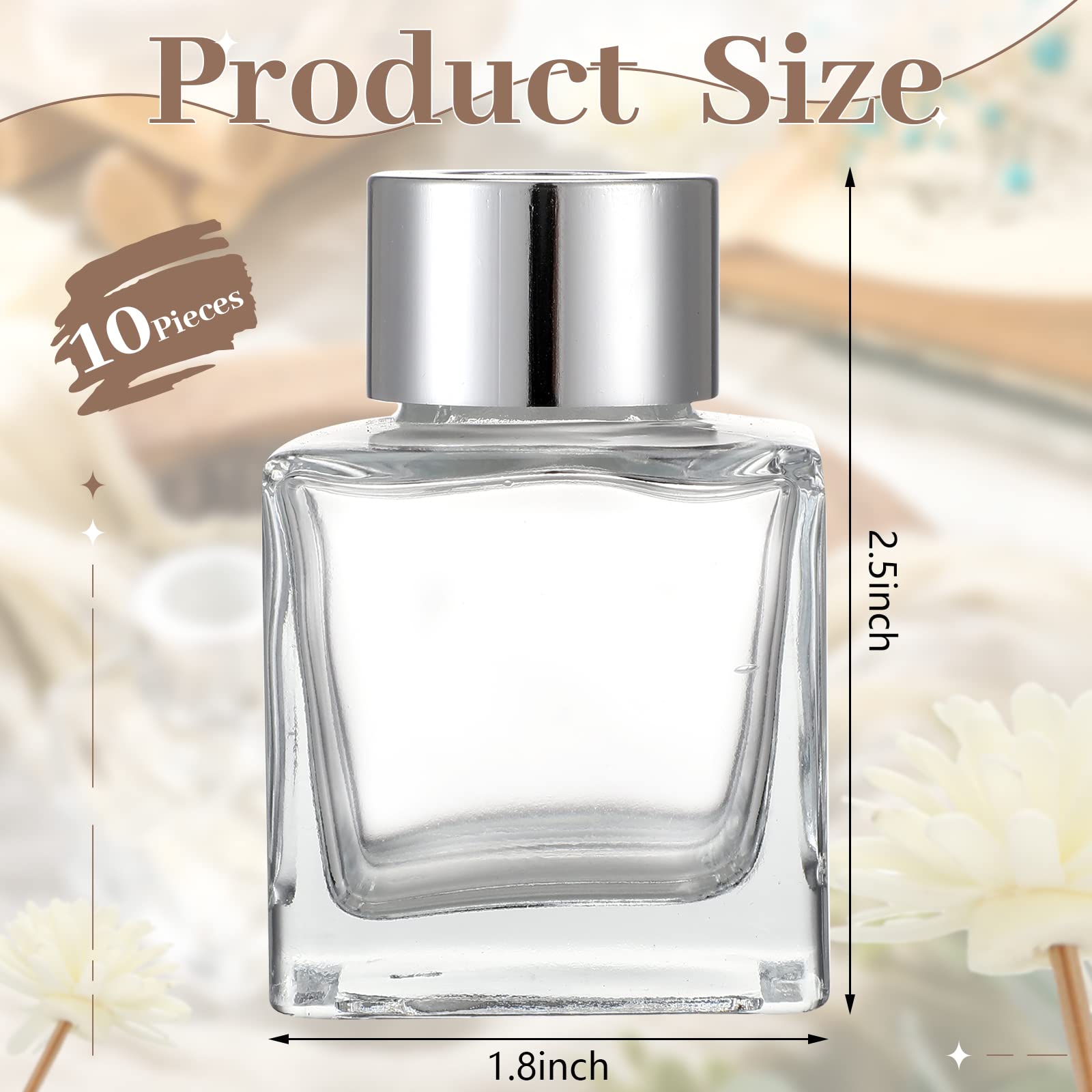 10 Set Square Glass Diffuser Bottles with Silver Caps Refillable Diffuser Bottles Set 1.7oz Empty Reed Diffuser Jar Ideal for Essential Oils Reed Sticks Home Fragrance
