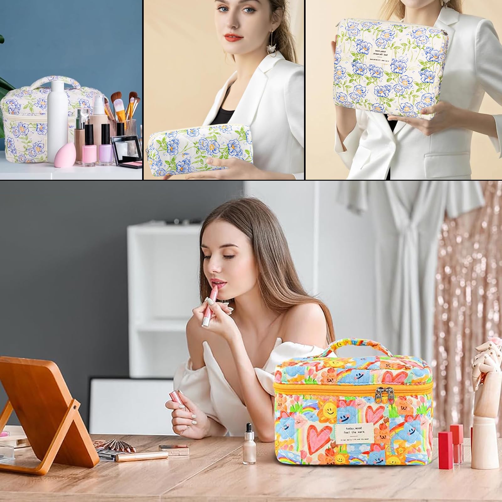 Women's Cosmetic Bag Set of 3 Travel Makeup Bag Made of Cotton, Flower Pattern Make-Up Bag, K-03, Fresh and sweet - Image 4