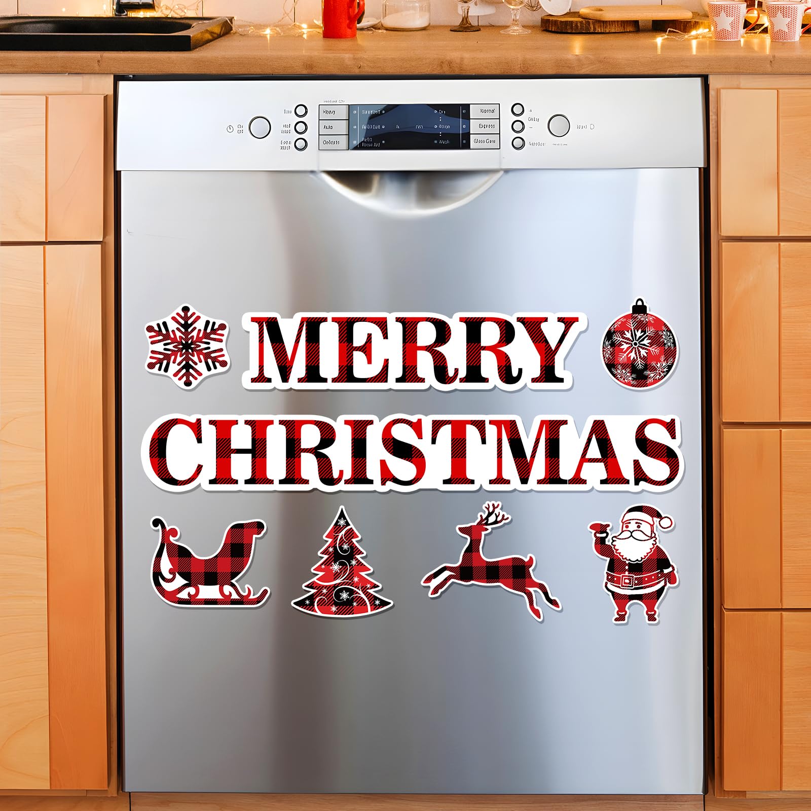 Christmas Dishwasher Magnetic Red Black Plaid Merry Christmas and 6pcs Snow Santa Xmas Dishwasher Cover Magnetic Stickers Decoration for Kitchen Refrigerator Magnets Garage Locker Metal Door Car Decor