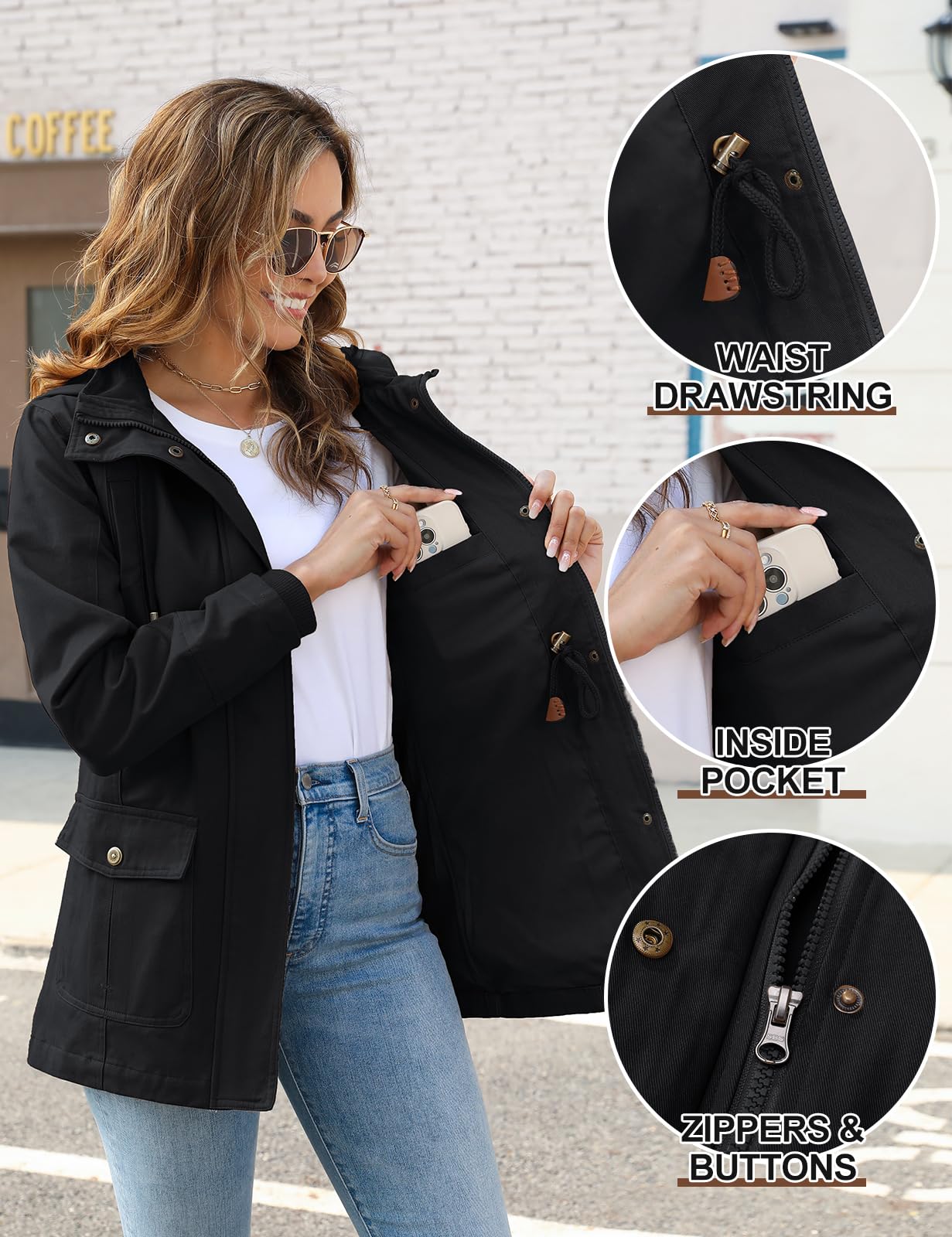 Vancavoo Übergangsjacke Damen Jacke Outdoor Kurzmantel Frühjahr Elegant Frühjahrsjacke Leichte Gefütterte Herbstjacke Baumwolle Damenjacke mit Kapuze mit Kordelzug
