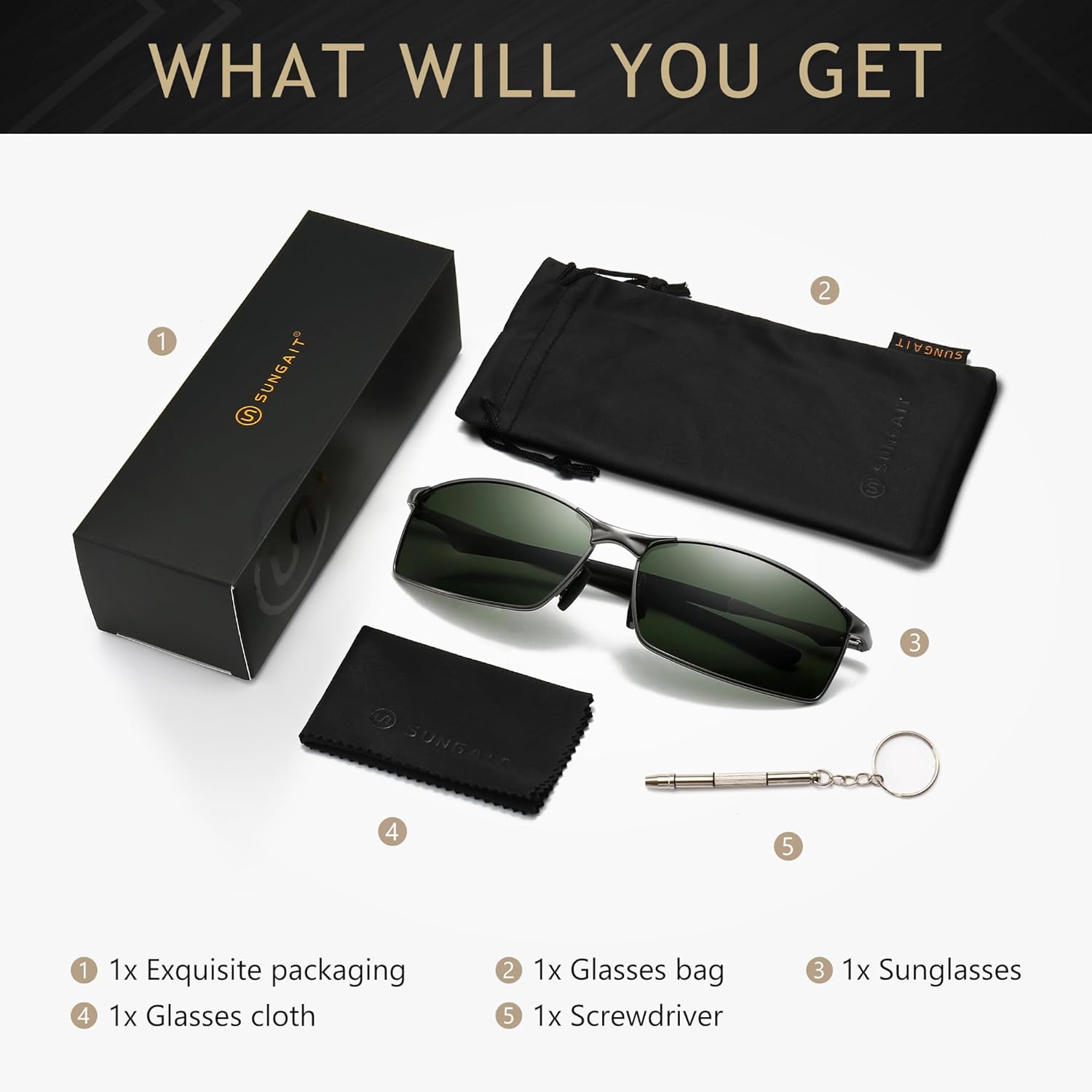 SUNGAIT Ultra-Lightweight Polarized Sunglasses Men for Driving Fishing Golf, Rectangular Metal Frame with Spring Hinge - Image 6