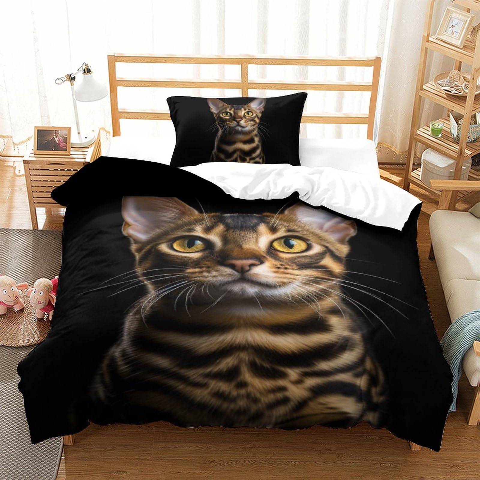 Parure de lit chat 3D en microfibre 135x200 cm avec taie d'oreiller pour chambre d'ado