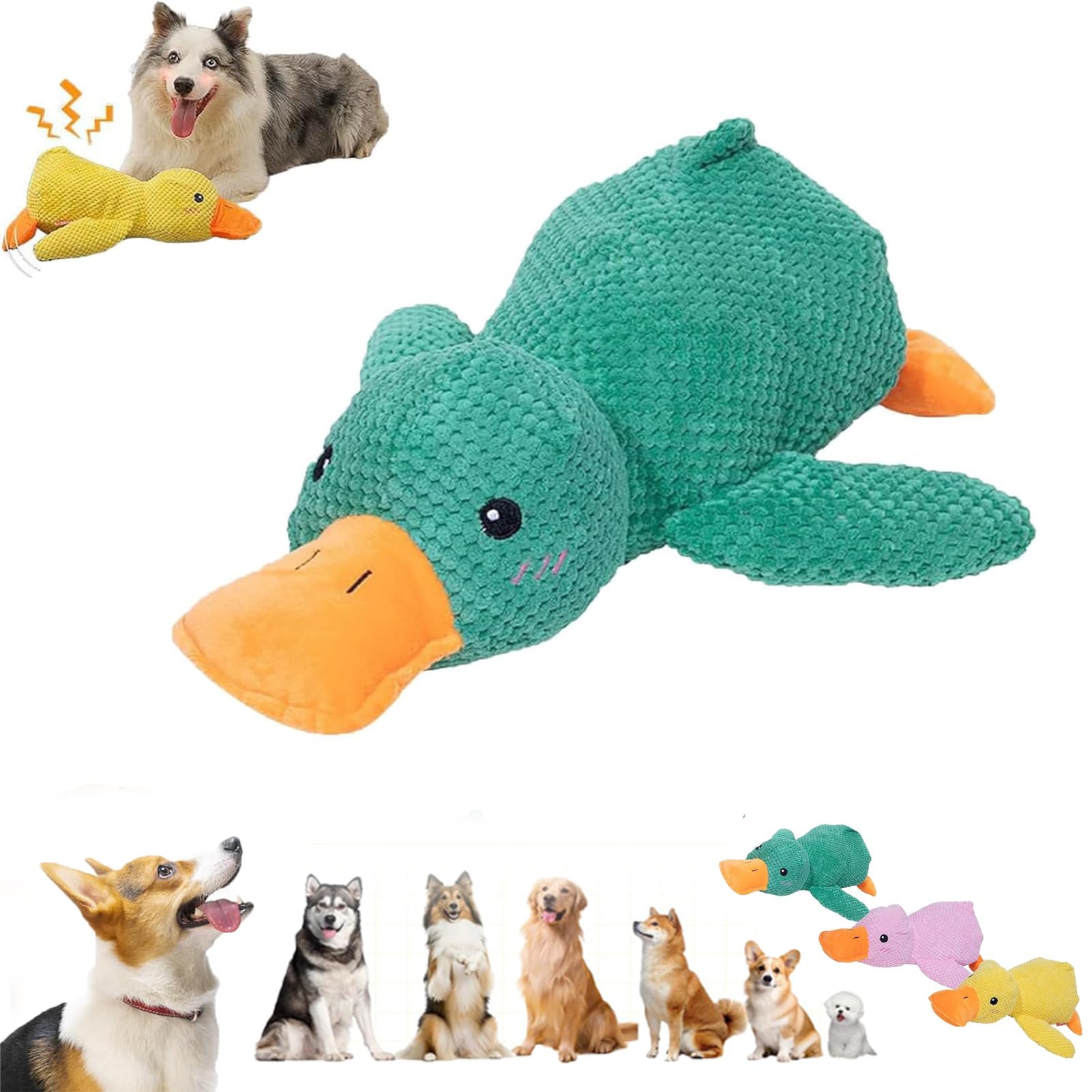 HOPASRISEE Quacker Calming Duck Toy, The Mellow Dog Calming Duck, Emotional Support Duck For Dogs, Yellow Duck Dog Toy, Yellow Stuffed Duck Dog Chew Toys, Squeaky Dog Chew Toys (L,green)
