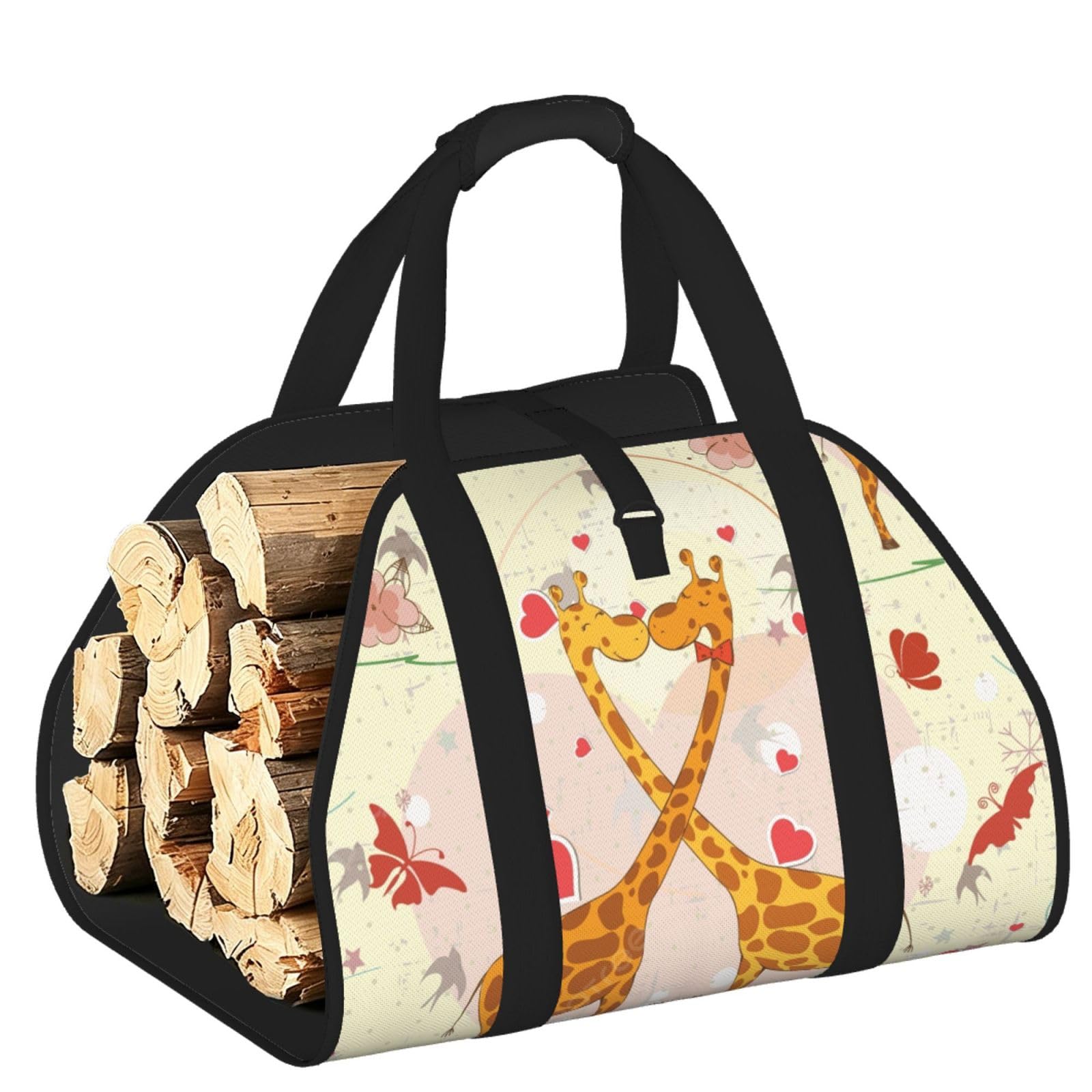 Pphgut Black Giraffe Heart Flower Butterfly Print Firewood Bag Wood Carrier Transport Sack Camping Picnic Storage Daily Home