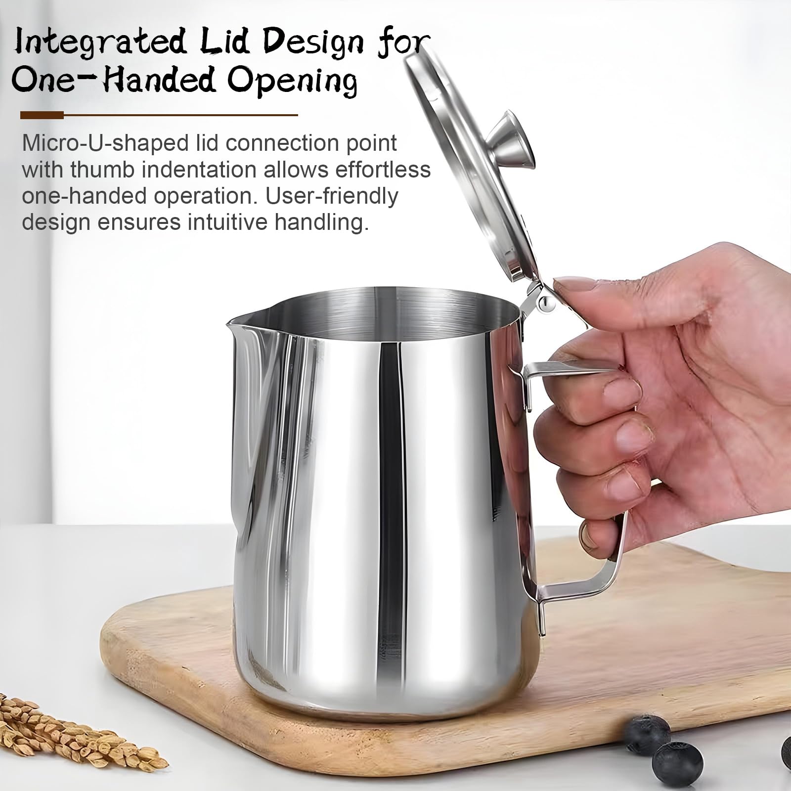 Milchkännchen Edelstahl,Milchkännchen mit Deckel Milchkanne mit Latte Art Pen Handheld Milchkanne Edelstahl Milch Pitcher Schaumbecher Milchschaum Kanne für Espresso Cappuccino Latte Barista