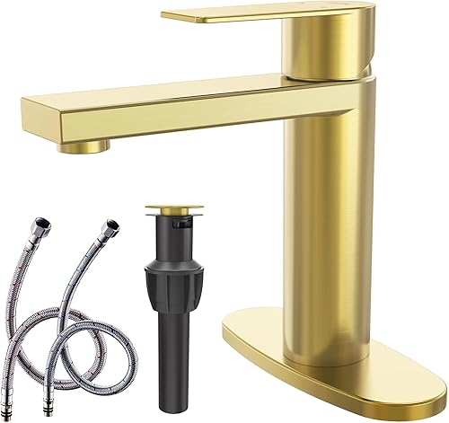 Grifo de baño de oro cepillado con una sola manija, grifo de lavabo de un solo orificio con drenaje emergente y líneas de suministro de agua