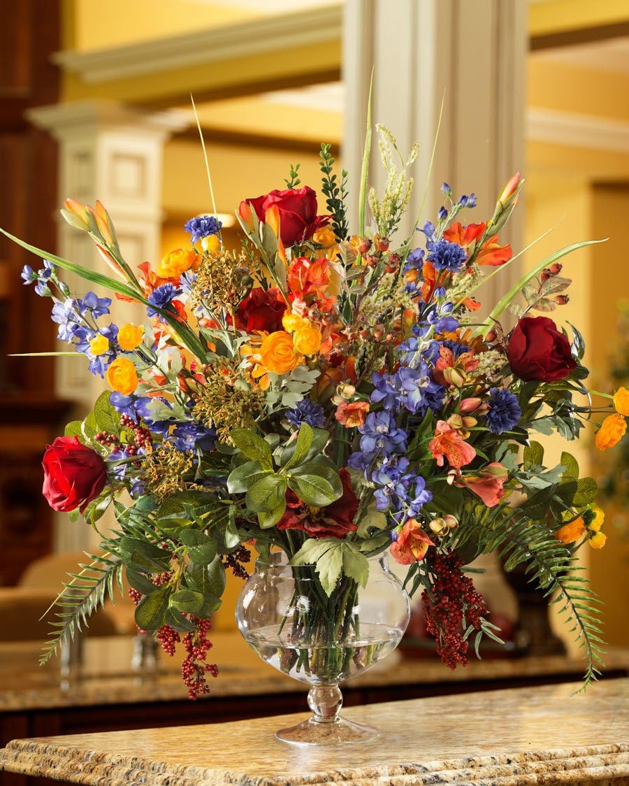 Petals Glorious Garden Artificial Silk Flower Centerpiece with Glass Vase