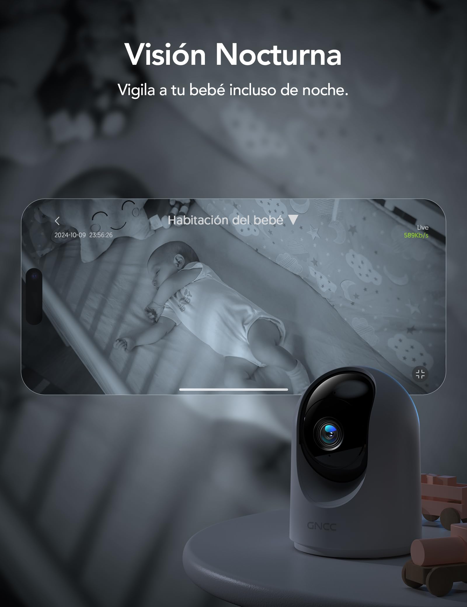 GNCC Camara Vigilancia WiFi Interior 355° PTZ 2K Cámara Vigilancia Interior con Seguimiento, para Adecuado para Bebés/Mascotas/Familia, Detección de IA, Audio Bidireccional, Visión Nocturna, 2,4GHz