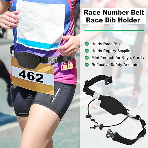 Miniatura 7 de Cosmos Cinturón de número de carrera, cinturón elástico para número de carrera, para maratón, triatlón, correr, con mini bolsa y 4 bucles de