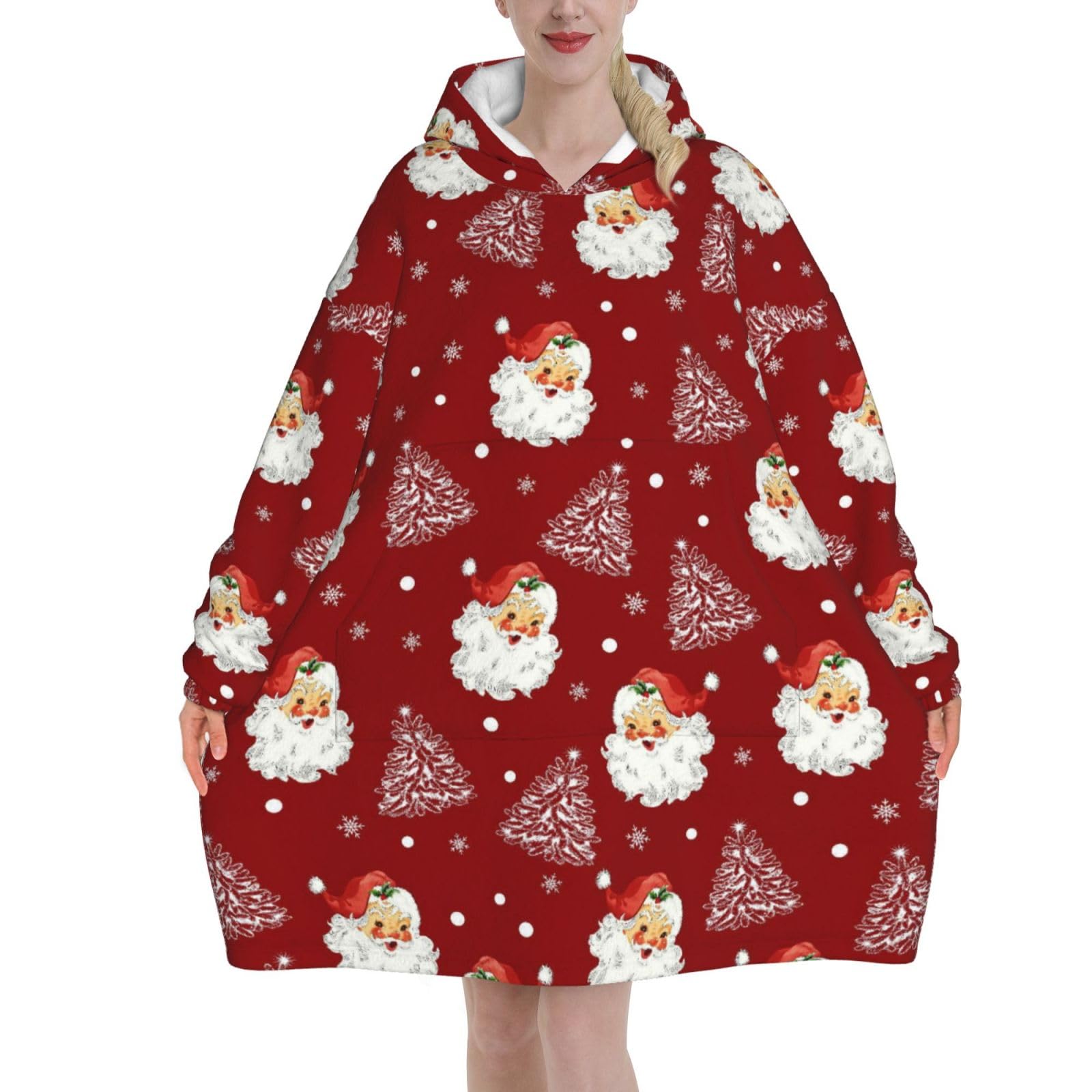 Red Christmas Santa Claus Wearable Blanket Hoodie - Xmas Gifts for Girlfriend & Wife, Warm Cozy Birthday Present Ideas for Friend, Aldult Women Soft Flannel Sweatshirt Blanket with Pocket & Sleeves — image 1