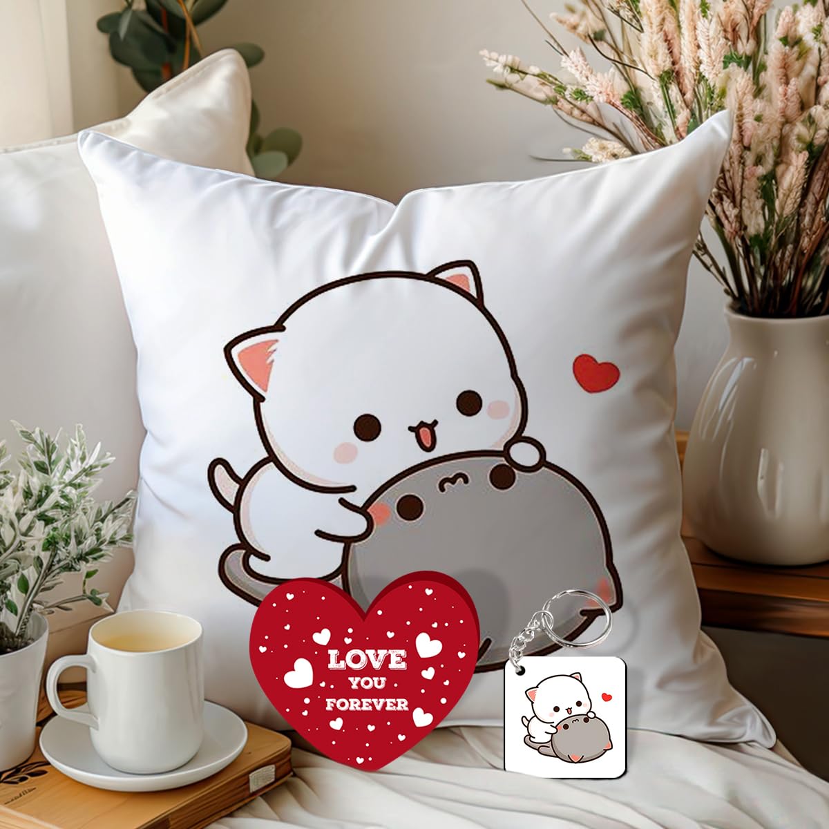 SKYTRENDS Peach and Goma Mochi Cat Pillow Cushion, Gifts for Boyfriend, Girlfriend, Valentines Gift for Girlfriend, Valentine Pillow for Couple | Peach Goma 12x12 Pillow, Keychain and Card-01