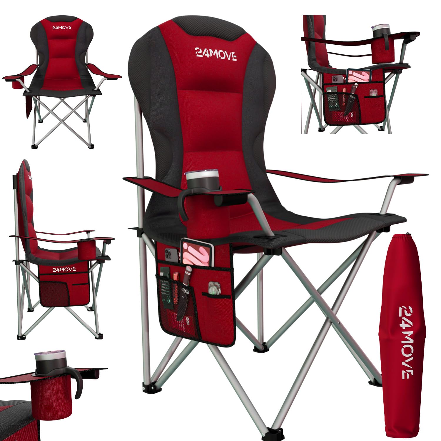 24MOVE® Campingstuhl faltbar bis 150 kg, Faltstuhl Angelstuhl Klappstuhl Gepolstert mit Armlehnen, Getränkehalter + Tasche mit hoher Rückenlehne, Strandstuhl, Klapphocker, rot