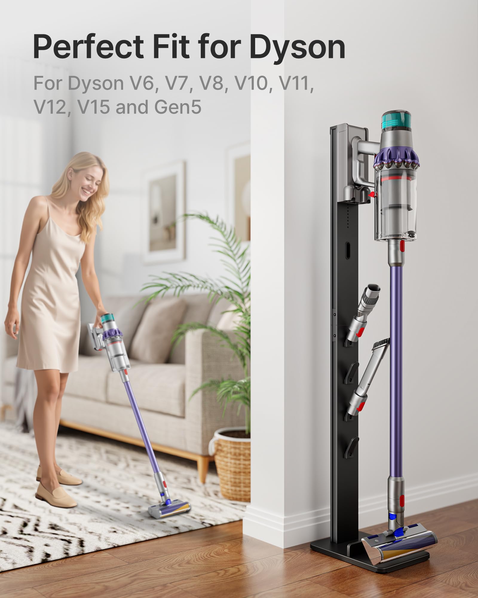 PEGZONE Soporte Aspiradora para Dyson Gen5 V15 V12 V11 V10 V8 V7 Negro | Compatible con Dyson, Soporte con 4 Ganchos, sin Taladrar, Guarda la Aspiradora y Todos los Accesorios