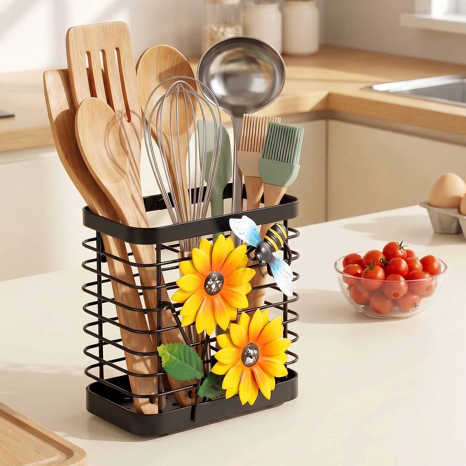 NZWBSHSSP Sunflower Utensil Holder for Kitchen Counter - Metal Farmhouse Cooking Utensil Crock Caddy - Decorative Yellow Floral Kitchen Decor and Accessories Country Cutlery Organizer Storage(Bee)