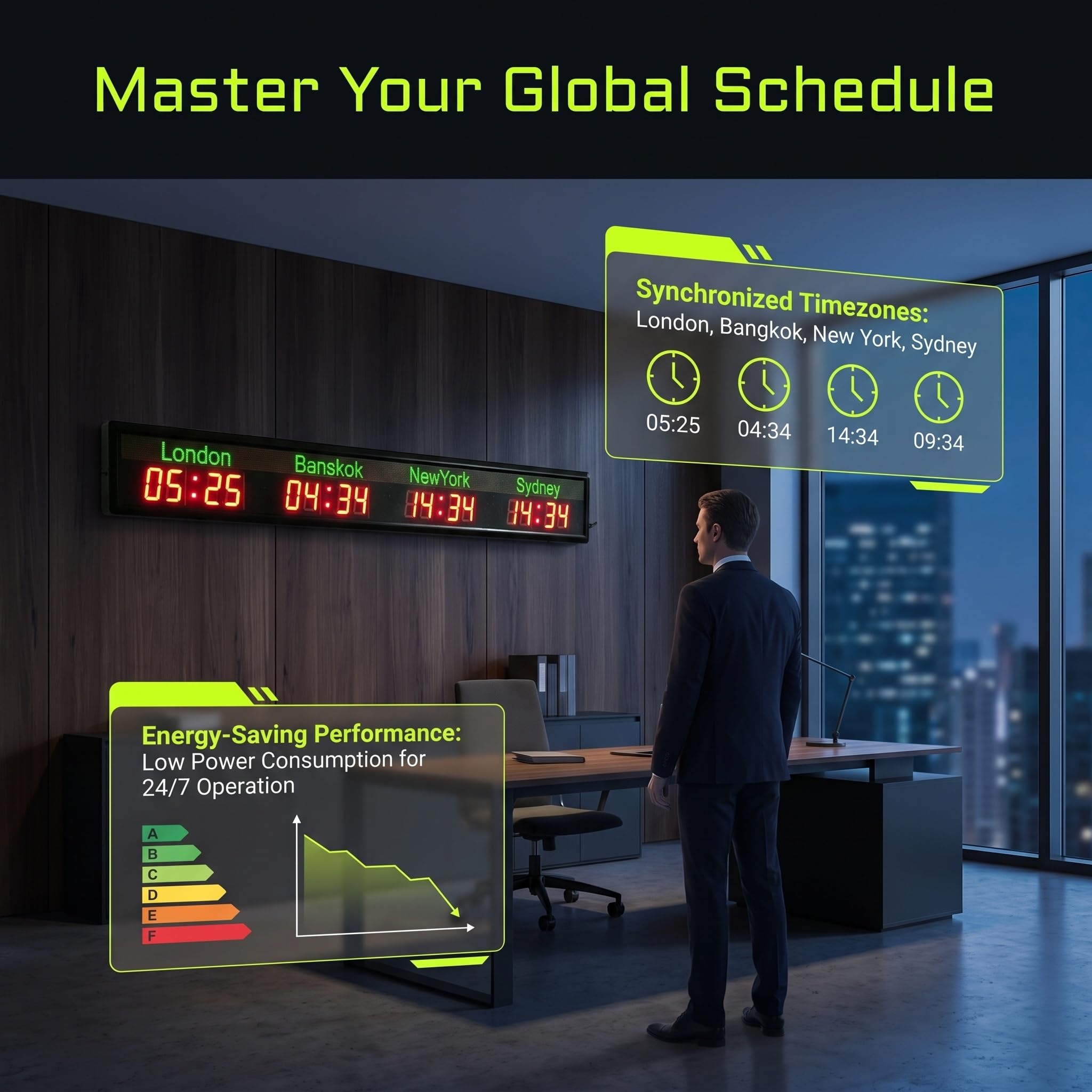 4 miasta światowa strefa czasowa LED zegar ścienny, dwukolorowy czerwony zielony wyświetlacz cyfrowy, pokaż Londyn Nowy Jork Sydney Bangkok Time, zegar ścienny do recepcji hotelu międzynarodowego