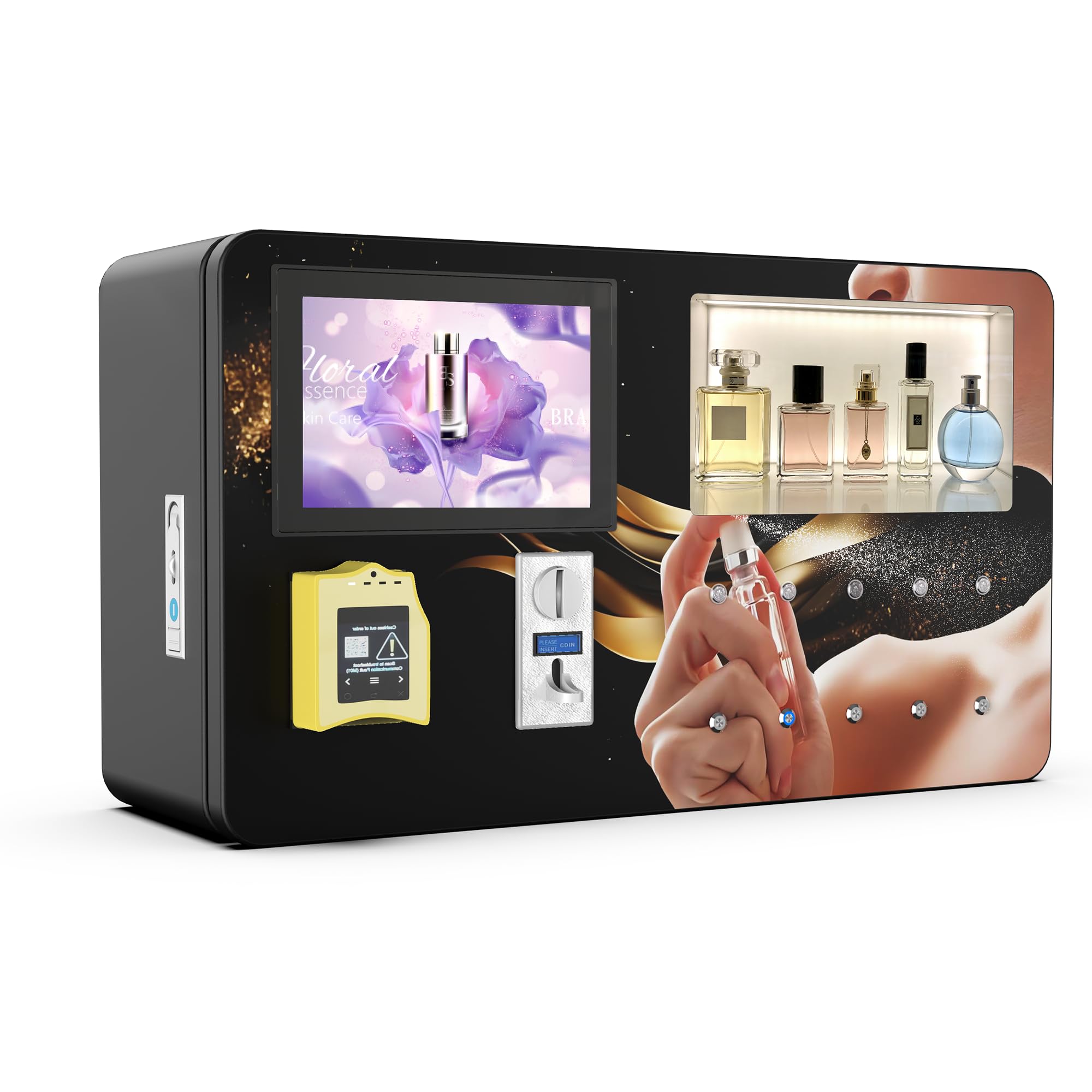Photo 1 of SIOXCFZ Perfume Vending Machine, Wall Mounted Perfume Sprays Fragrance Dispenser with 5 Channels and Touch Screen, Coin Operated and Credit Card Payments, Suitable for Hotels, Malls, Bars (factory sealed bolted)