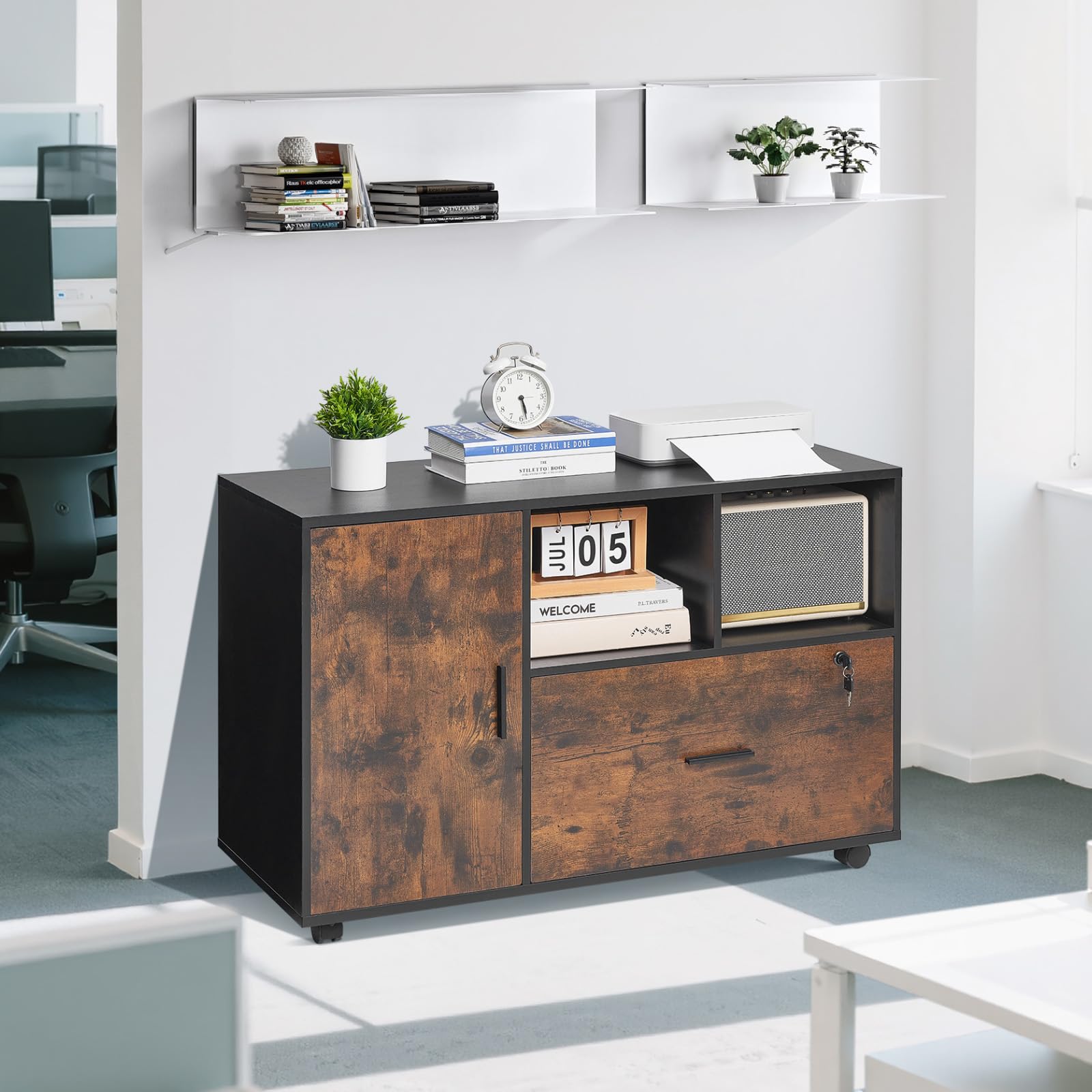 VEVOR Classeur Dossier Mobile en Bois, Meuble de Rangement de Bureau avec Étagères Ouvertes et Tiroir Verrouillable, Support d'Imprimante Autonome, pour Maison, Bureau, École, Marron Rustique