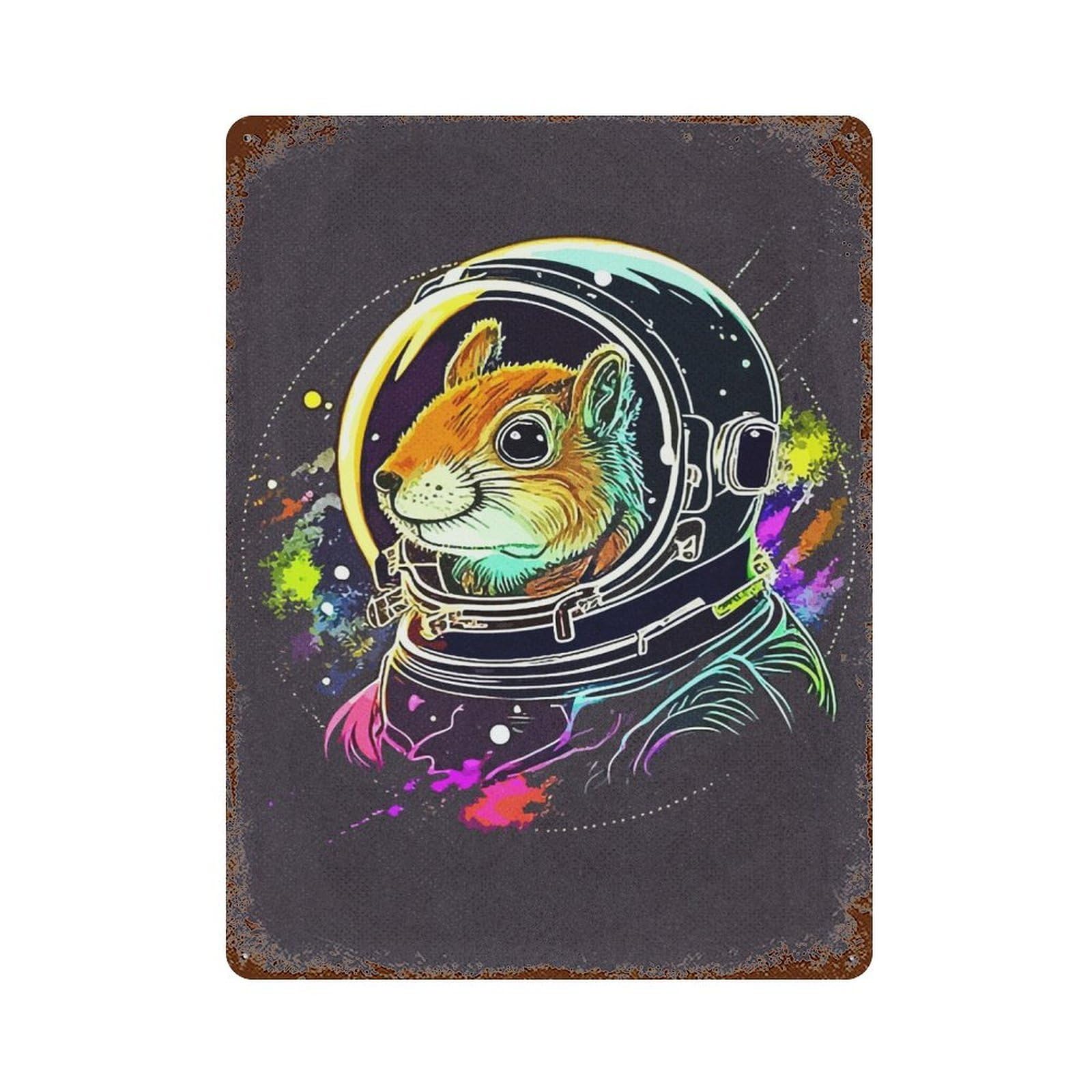 Vintage Metal Tin Sign Astronaut Squirrel 15.7"x11.8", Industrial Home Decor for Farmhouse, Kitchen And Entryway Decor