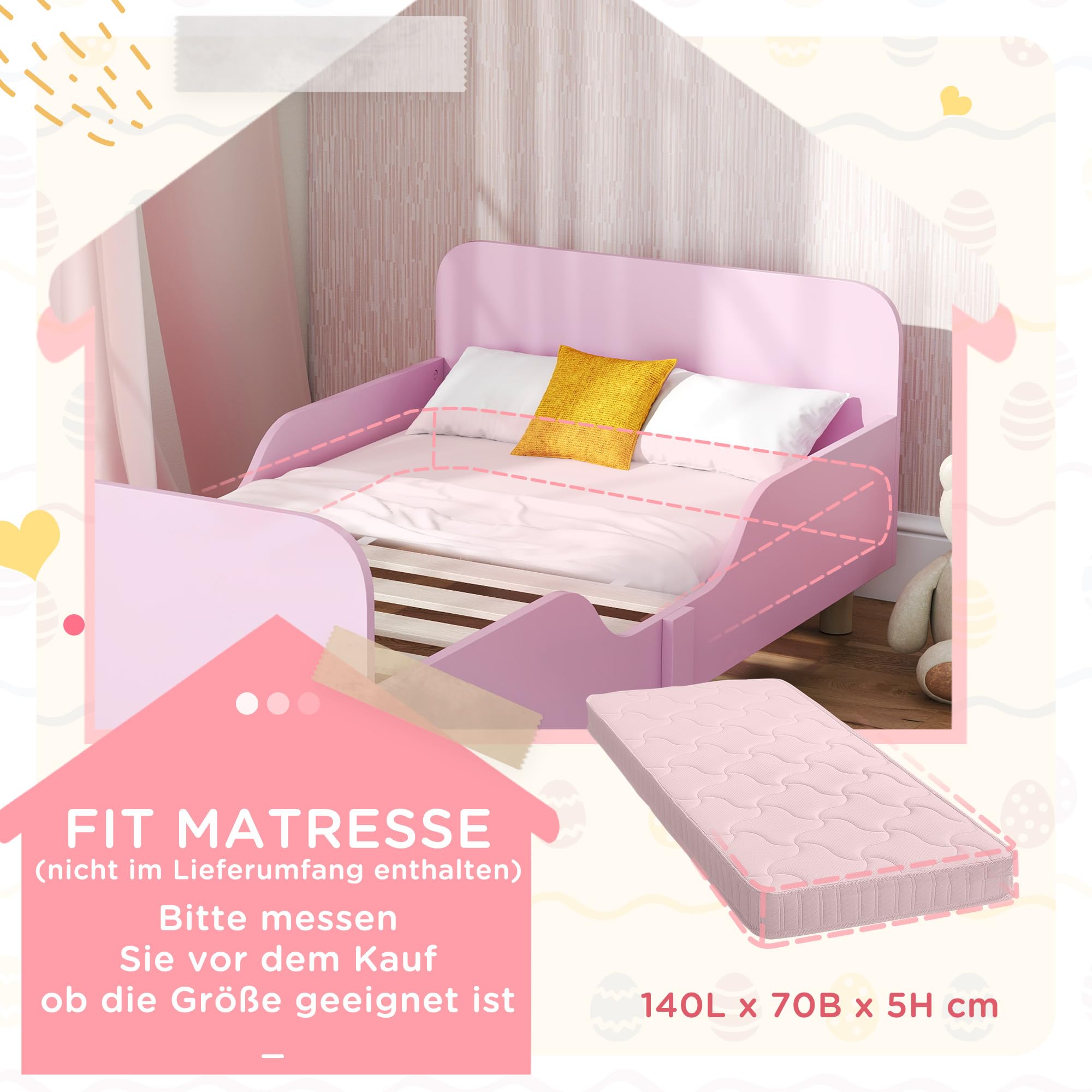 AIYAPLAY Kinderbett mit Rausfallschutz, Lattenrost, 140 x 70 cm Jugendbett mit Kopf- und Fußteil, Einzelbett aus Holz, Holzbett für Mädchen und Jungen, Rosa | mit Rausfallschutz