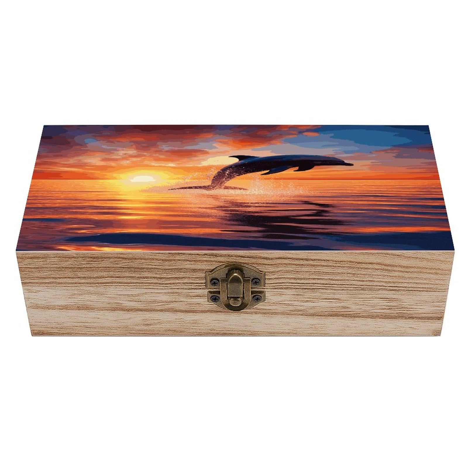 MUSM Sunset Dolphin Wooden Storage Box Vintage Wood Box with Lid Exquisite Crafts DIY Wood Gift Boxes Fashion Jewelry Boxes Art Stash Keepsake Storage Case Large Jewelry Case