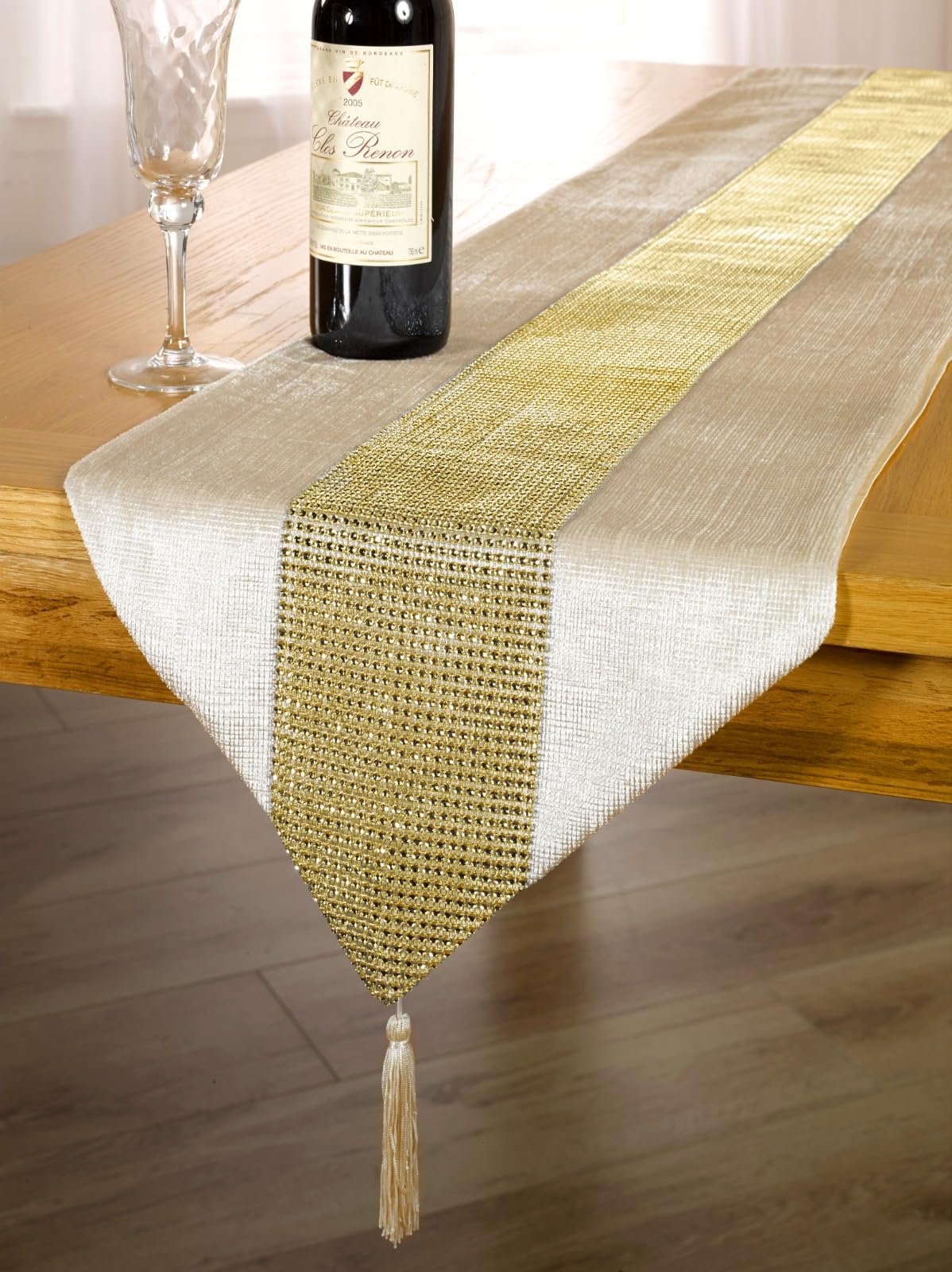 Emma Barclay Eclat Diamante Sparkle Tasselled Runner (Mink & Gold, 13x72" (33x183cm))