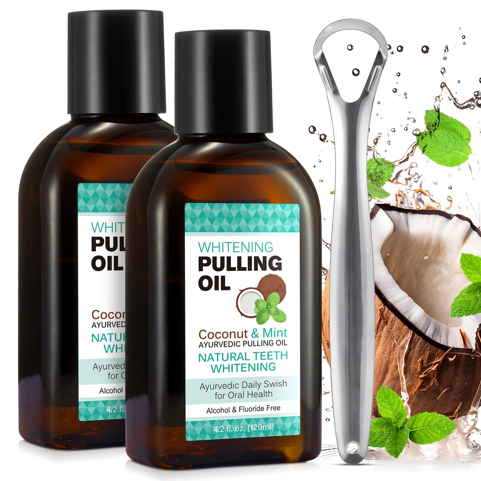 2Pack Coconut Pulling Oil for Teeth Whitening(4.2 Fl.Oz),Mouthwash Mint Oil Pulling with Tongue Scraper,Natural Coconut & Peppermint Oil Mouthwash,Supports Healthy Gums,Dye Free,Fresh Breath