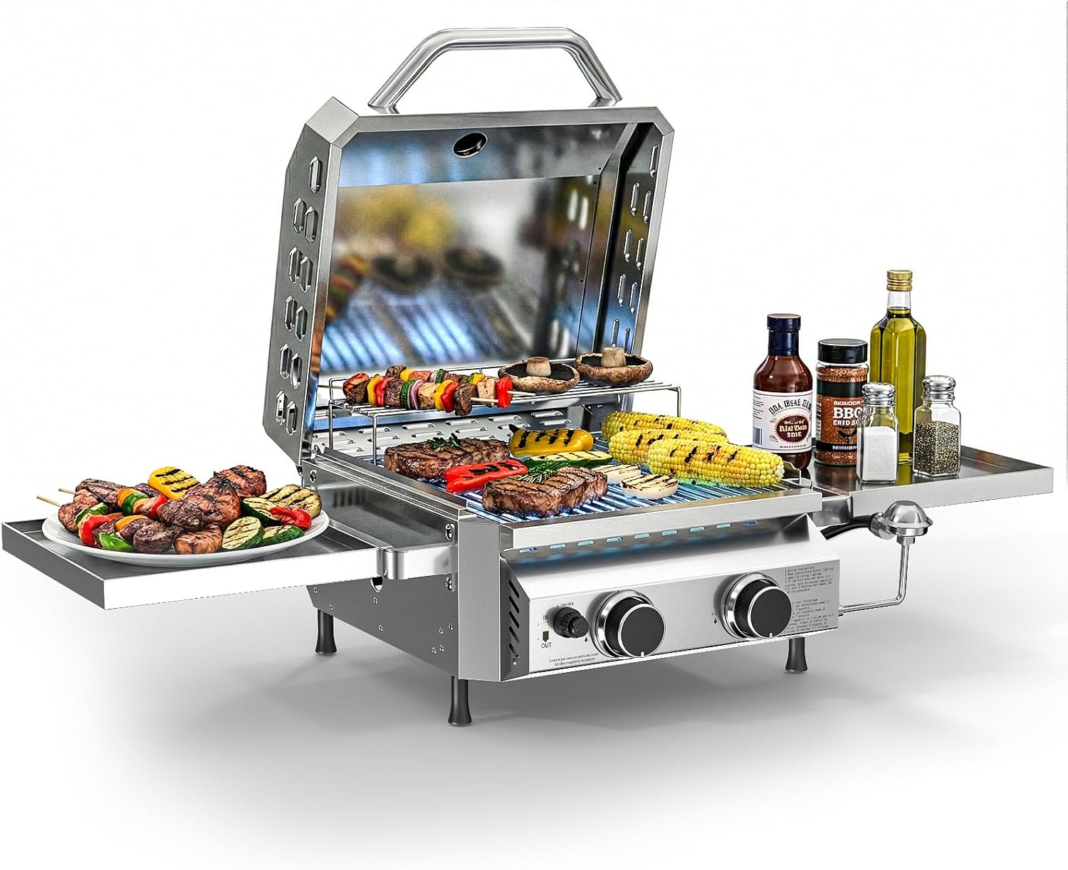 Cowsar Premium Dual-Burner Tabletop Gas Grill | 16,000 BTU Portable Propane Grill with 304 Stainless Steel & Dual Side Shelves – Compact Outdoor BBQ for Patio, Camping, and Backyard Grilling