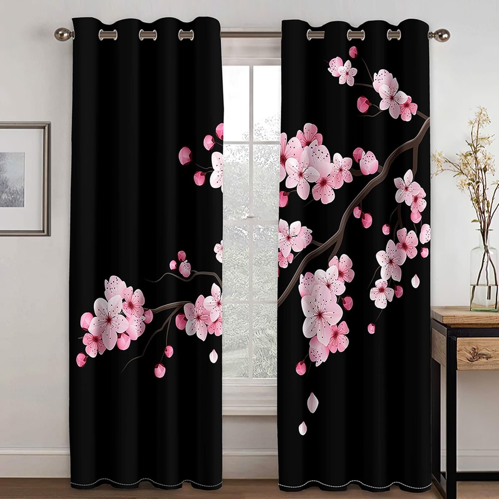 Lot de 2 Rideau Occultant Chambre Enfant,2 x 96W x 138H CM,Rideau avec Oeillets Motifs de Branches de Fleurs Rideaux Rose Noire Moderne Balcon