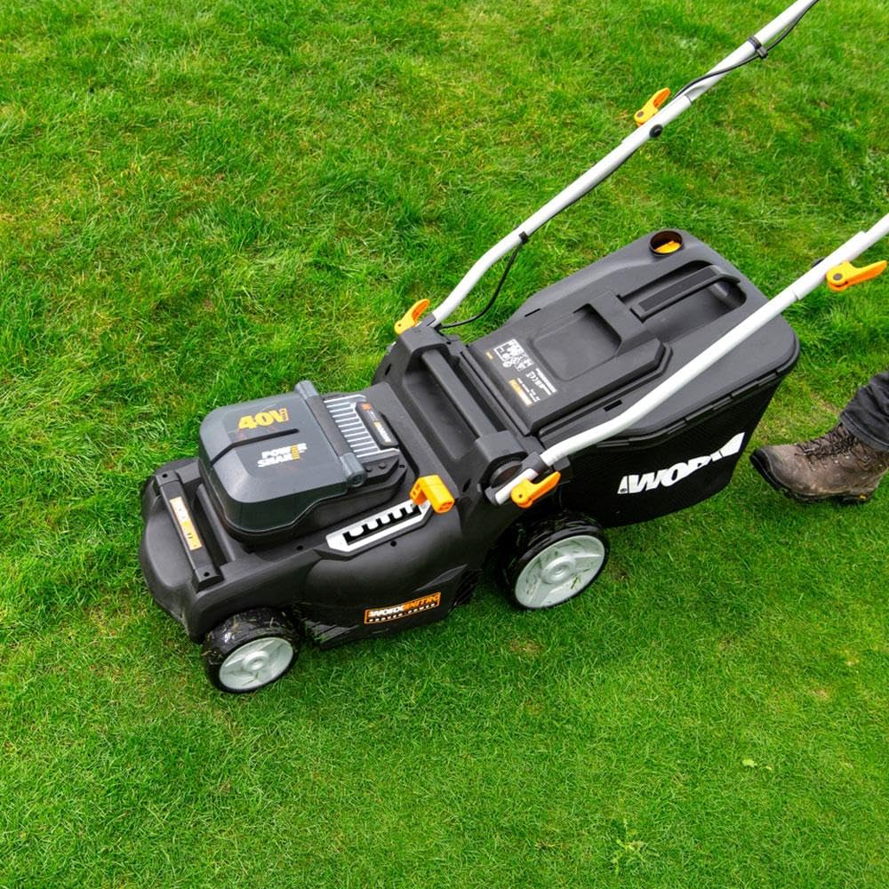 WORX Tondeuse à Gazon sans Fil 40V WG737E, 600 m², Lame 37cm, Sac 40L, 6 Hauteurs de Coupe, 2 Batteries 4Ah
