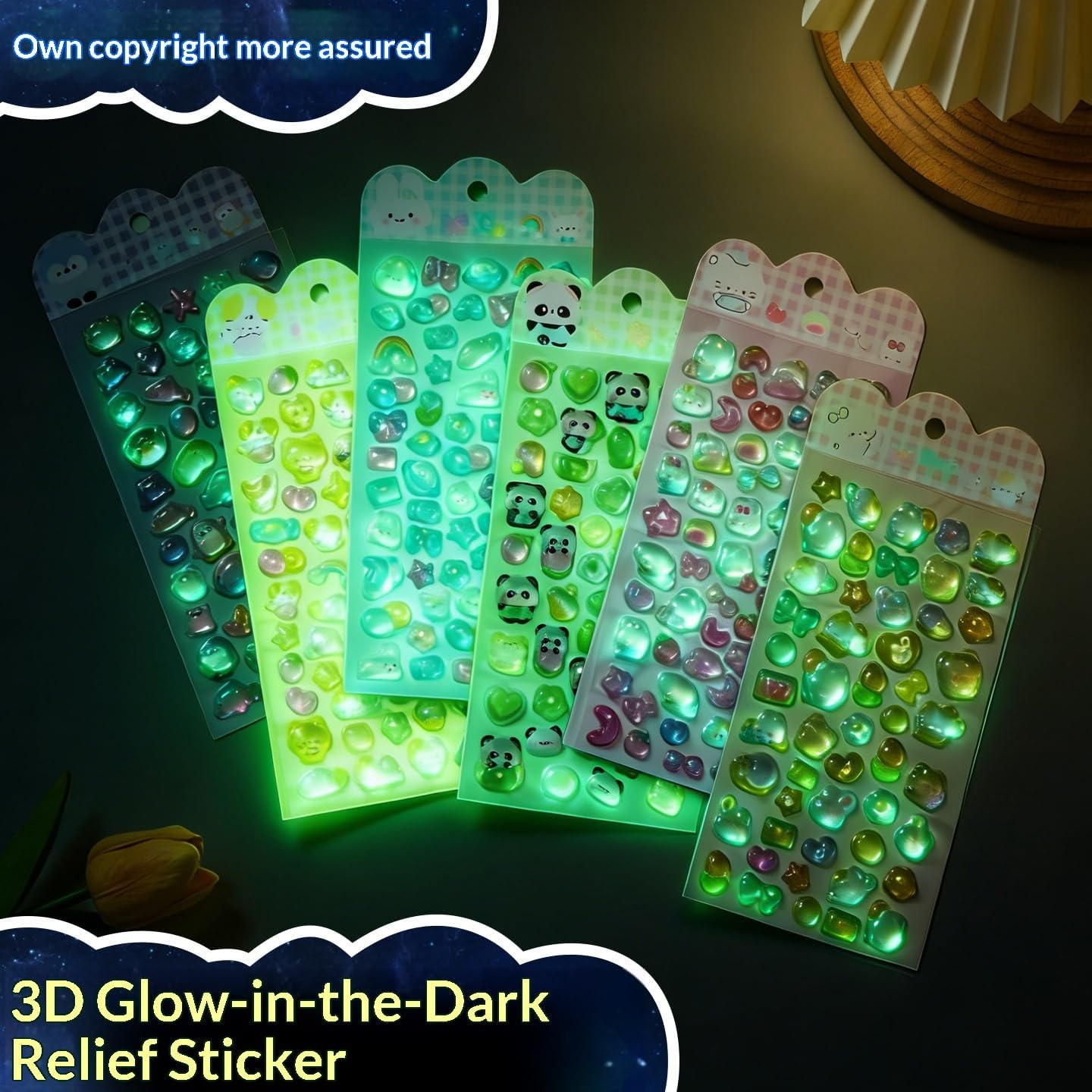 3D Cute Puffy Stickers, 6 Sheets Glow in Dark, for Water Bottles Laptop