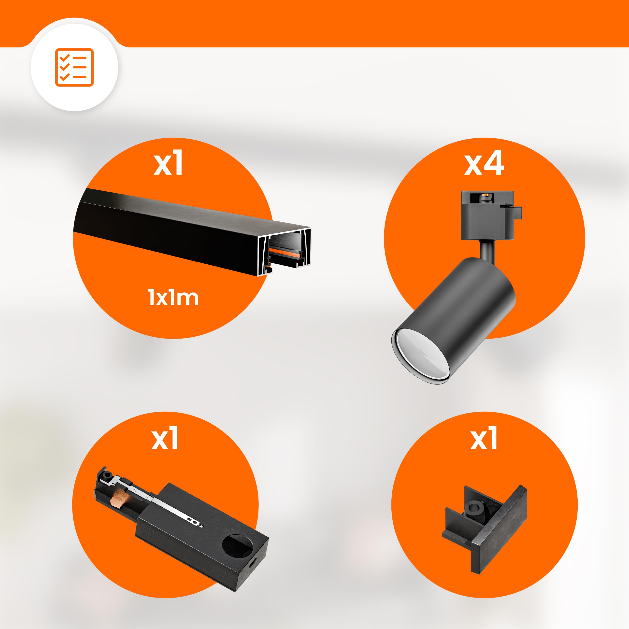 Modernes Schienensystem, Komplettset | 1 m | Deckenstrahler | Deckenleuchte | Strahler mit 4 GU10-Leuchtmitteln | Strahler | Deckenstrahler | Deckenleuchte | Lampe (1x1M / 4xGU10)