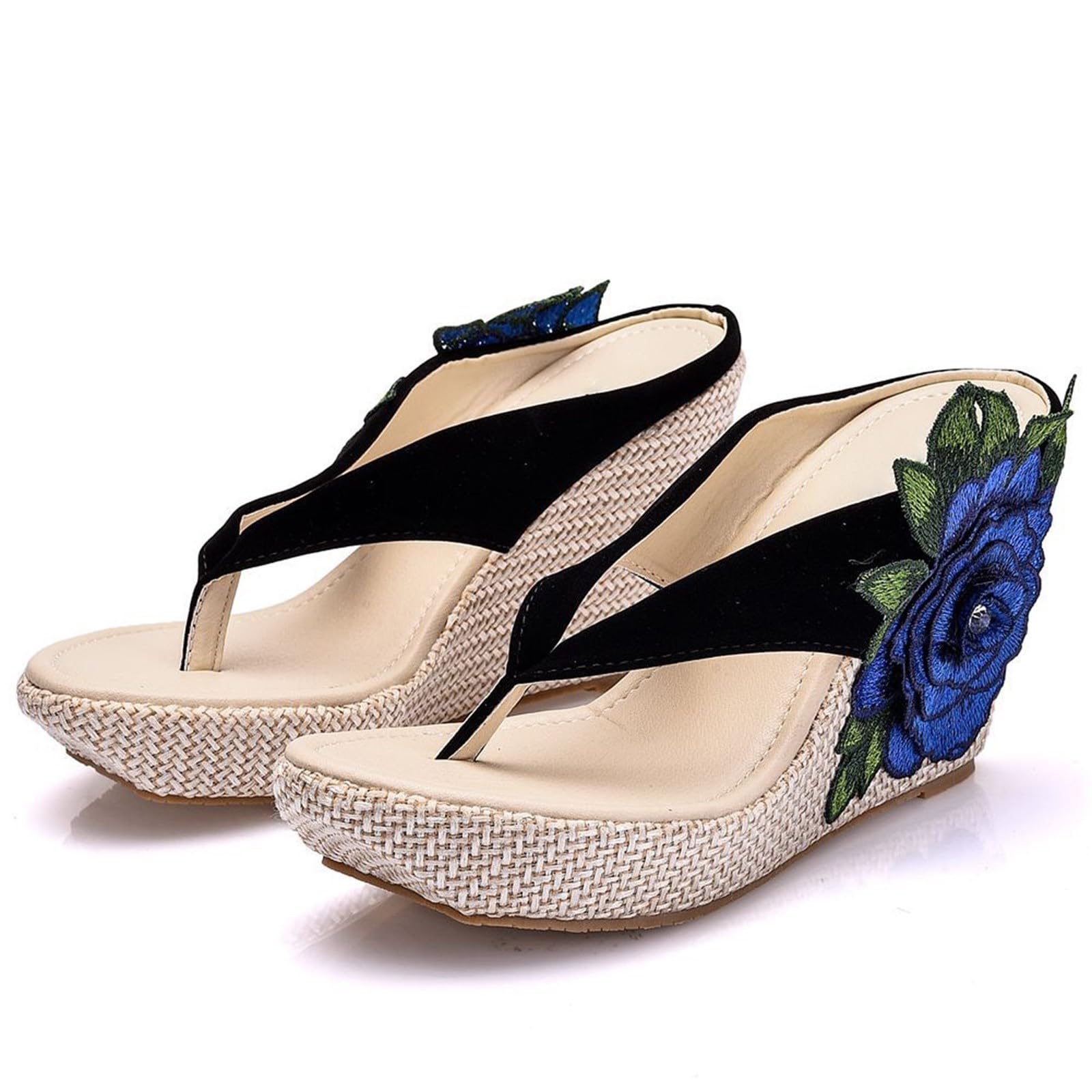 infradito estive da donna alla moda con zeppa ricamata, motivo floreale, ammortizzazione, a tutte le stesse piattaforma, casual, comode, infradito da donna, suola spessa, zeppe, piedi larghi