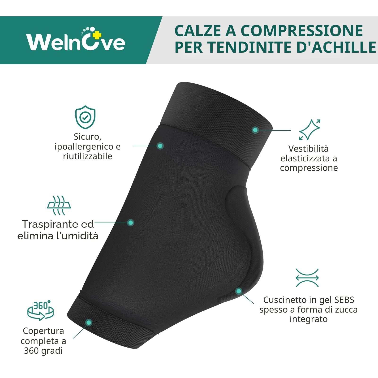 Welnove Achille Tendinite Heel Protector Socks - Achilles Tendon Support Compression Gel Padded Sleeve Socks for Cushion & Protection of Bursitis, Tendinite, Tenderness, Dry Cracked - Black