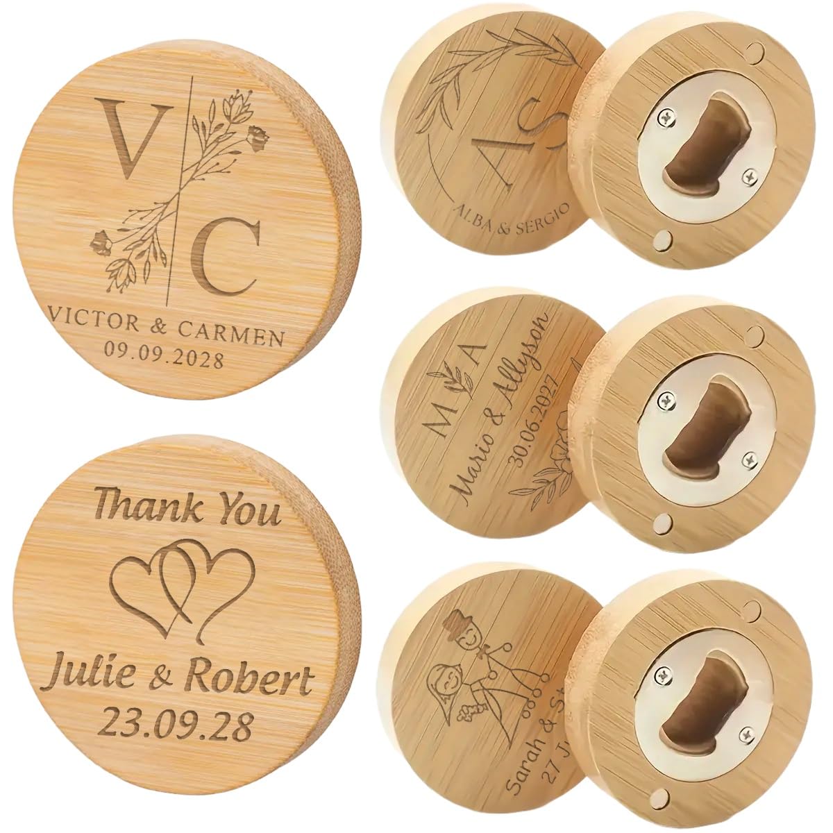 Abridor Magnético Personalizado A Granel Para Regalos De Boda, Con Nombre Y Fecha Grabados, Abridor/Posavasos Redondo 2 En 1 De Madera Para Cerveza, Refrescos, Bares Y Fiestas De Cumpleaños(50pcs)